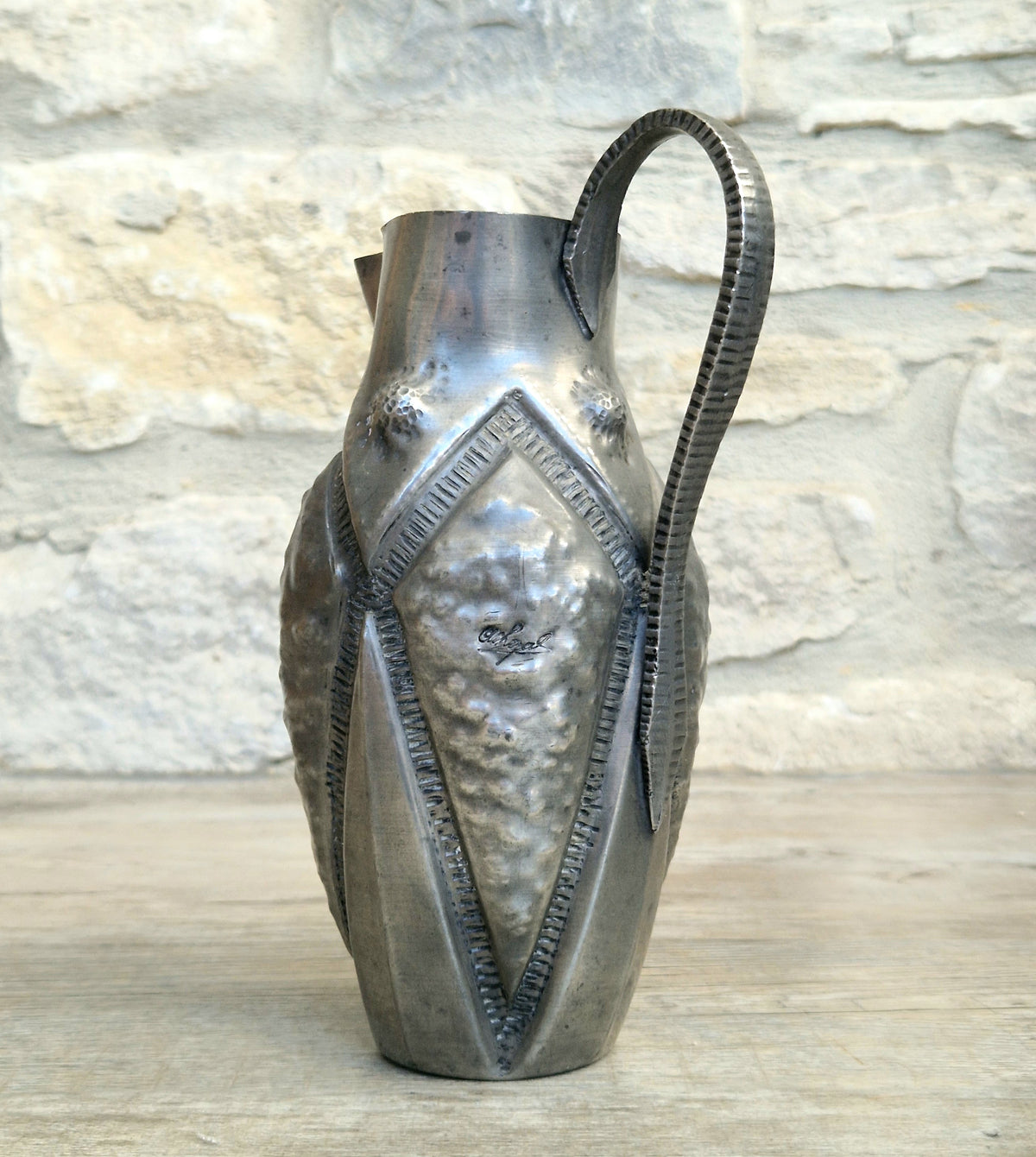 Antique French Art Deco Pewter Pitcher by Alice and Eugene Chanal Hand Hammered Jug Signed