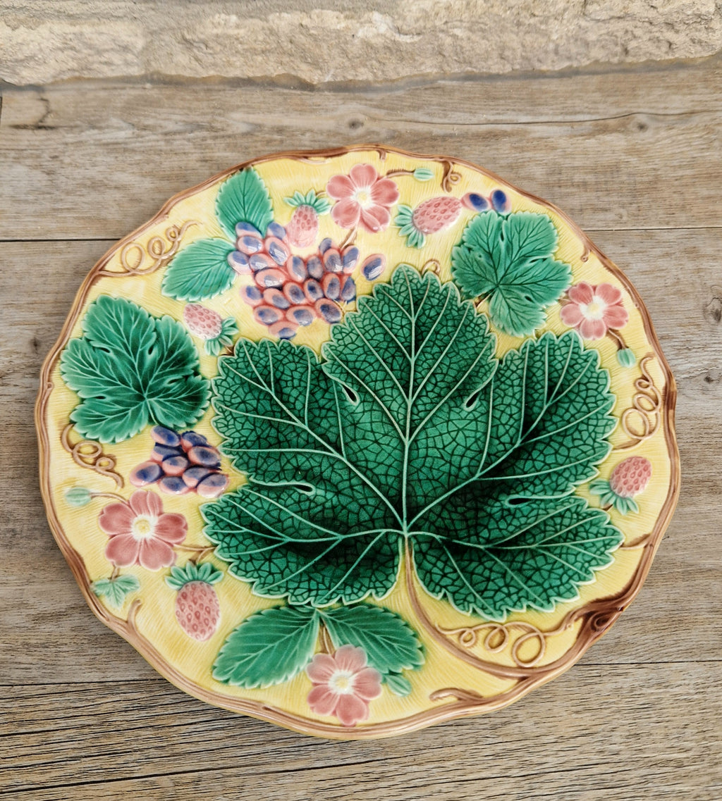 Rare Vintage Wedgwood Majolica Yellow Ground Strawberry Vine Plate 1930s English Pottery Exceptional Condition Grape Leaf & Berries