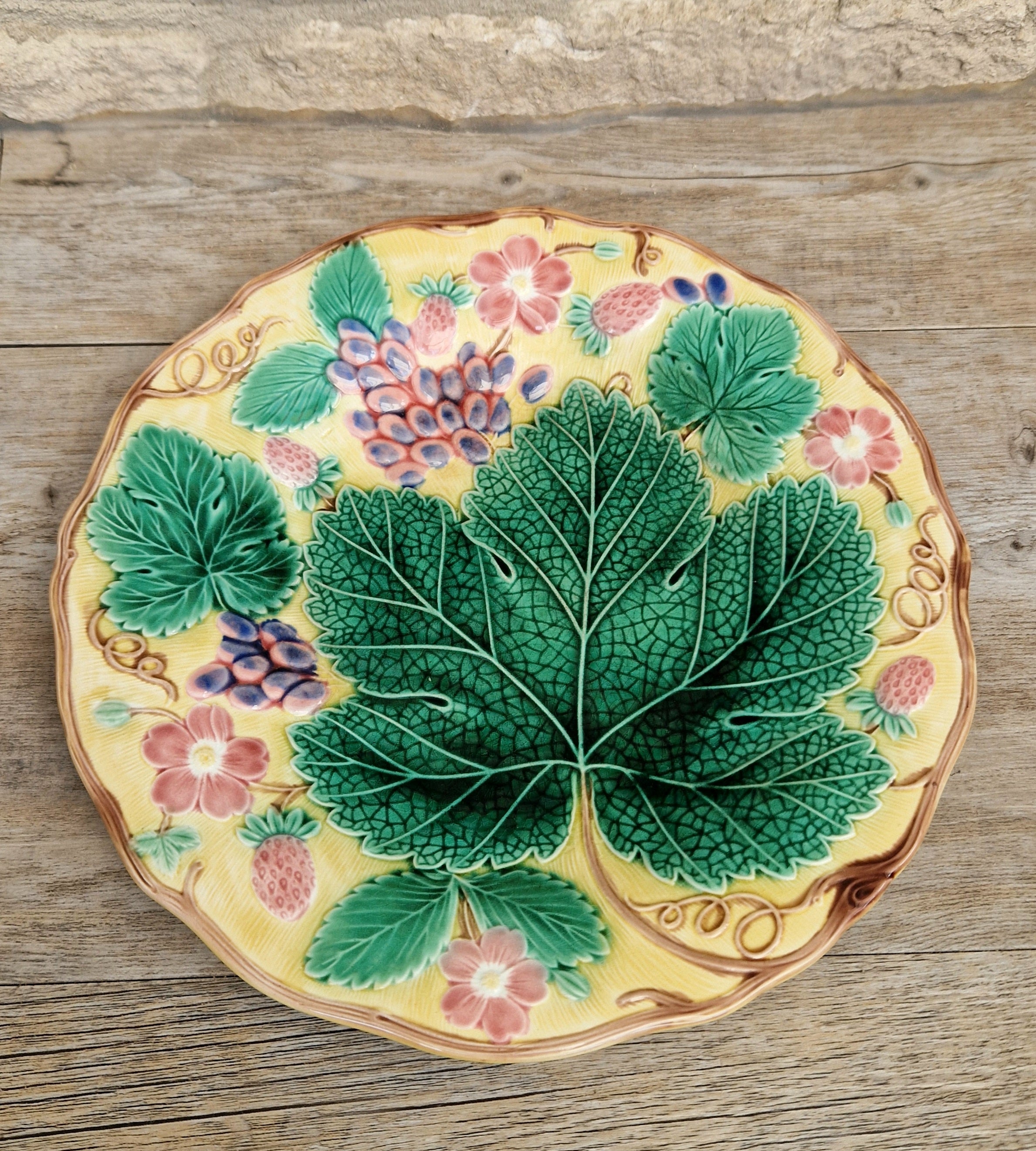 Rare Vintage Wedgwood Majolica Yellow Ground Strawberry Vine Plate 1930s English Pottery Exceptional Condition Grape Leaf & Berries