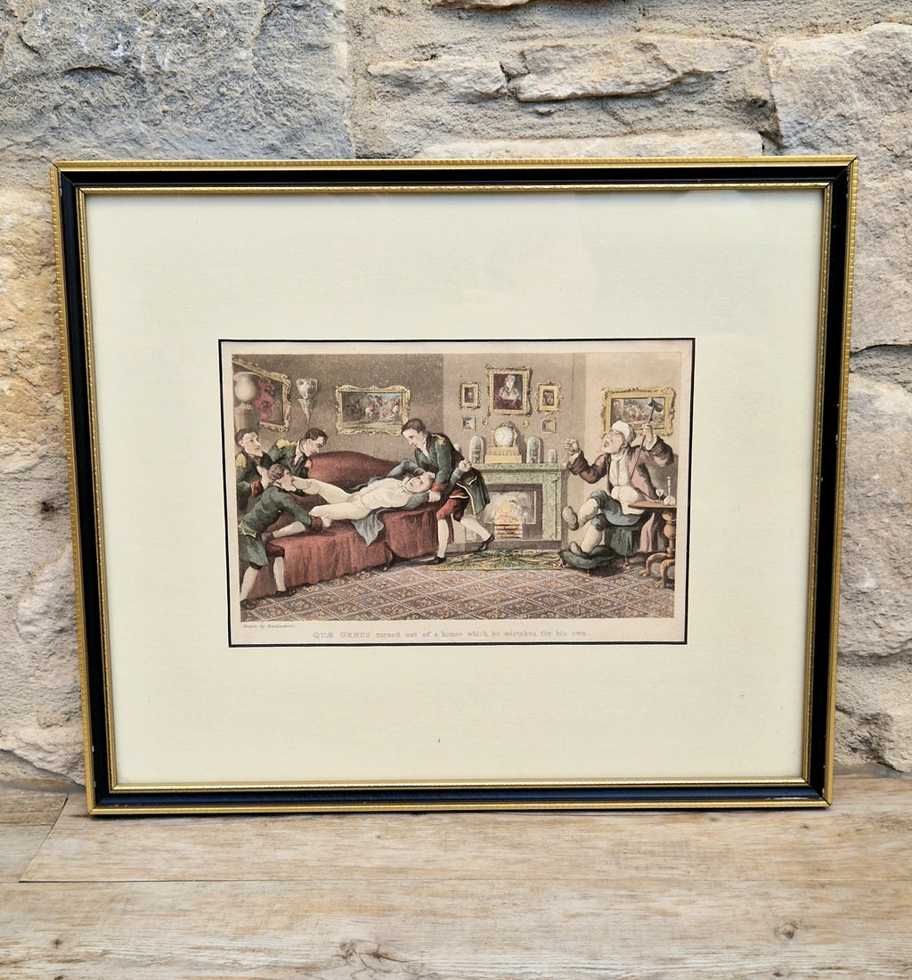 Thomas Rowlandson Lithograph Print 'Quae Genus turned out of a house which he mistakes for his own' Framed Wall Art