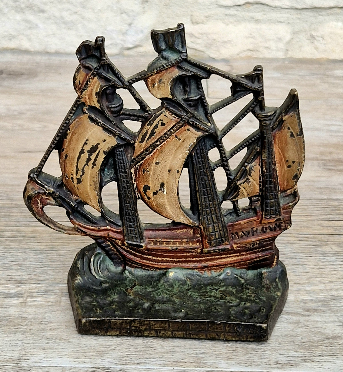 1920s Antique Sand Cast Bronze Mayflower Ship Bookend Paperweight Pattern 110 Original Paint
