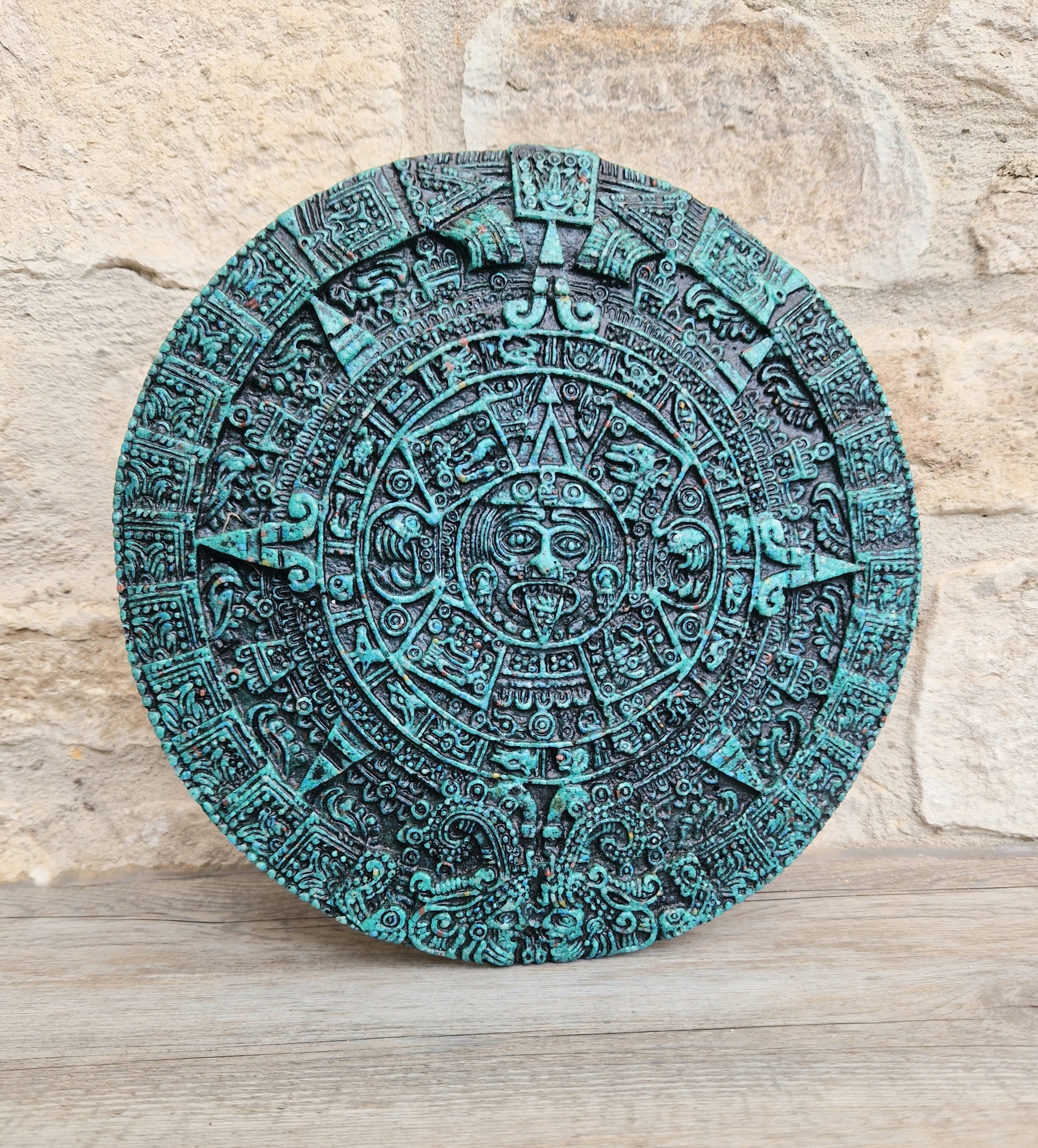 Vintage Green Malachite Composite Aztec Sun Stone Calendar Stone Wall Plaque
