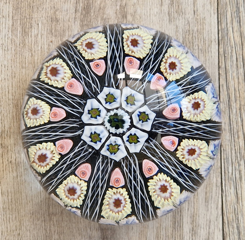 Strathearn Art Glass Paperweight 11 Spoke Millefiori with Filligree on Purple Ground Vintage