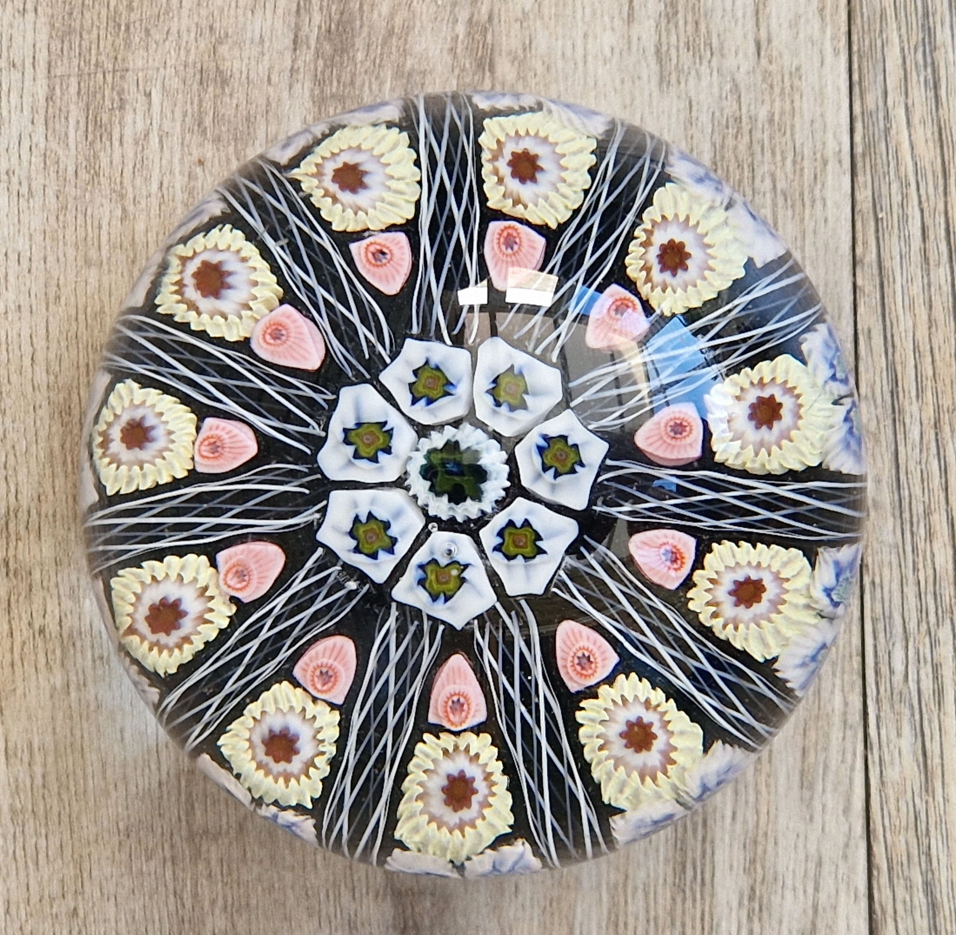 Strathearn Art Glass Paperweight 11 Spoke Millefiori with Filligree on Purple Ground Vintage