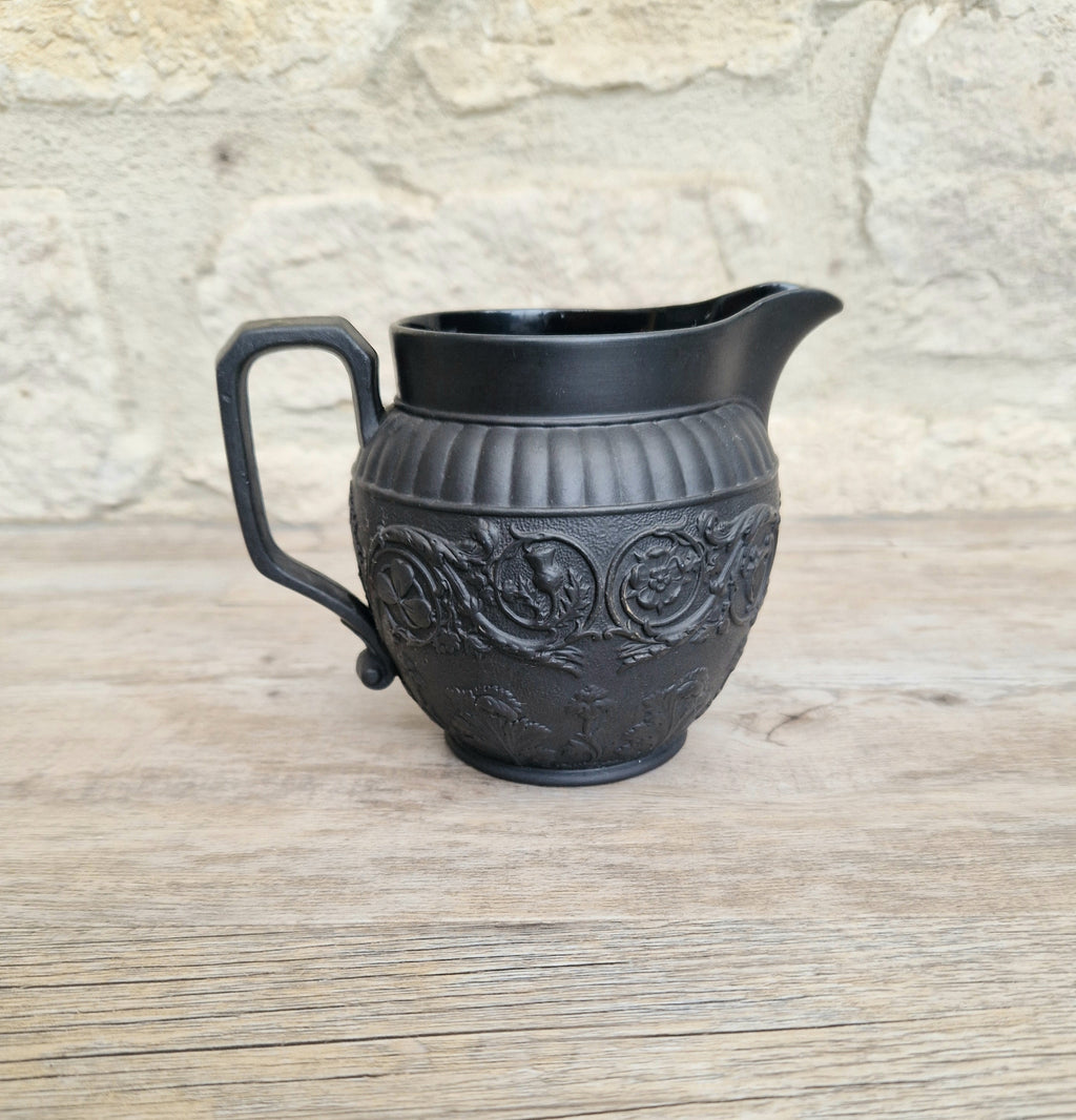 Antique Wedgwood Black Basalt Union Jug Creamer Pitcher Four Home Nations Relief Molded