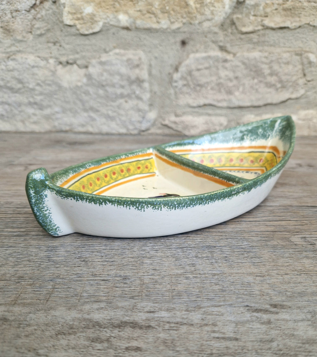 Vintage Henriot Quimper Faience Ceramic Boat Shape Divided Serving Dish
