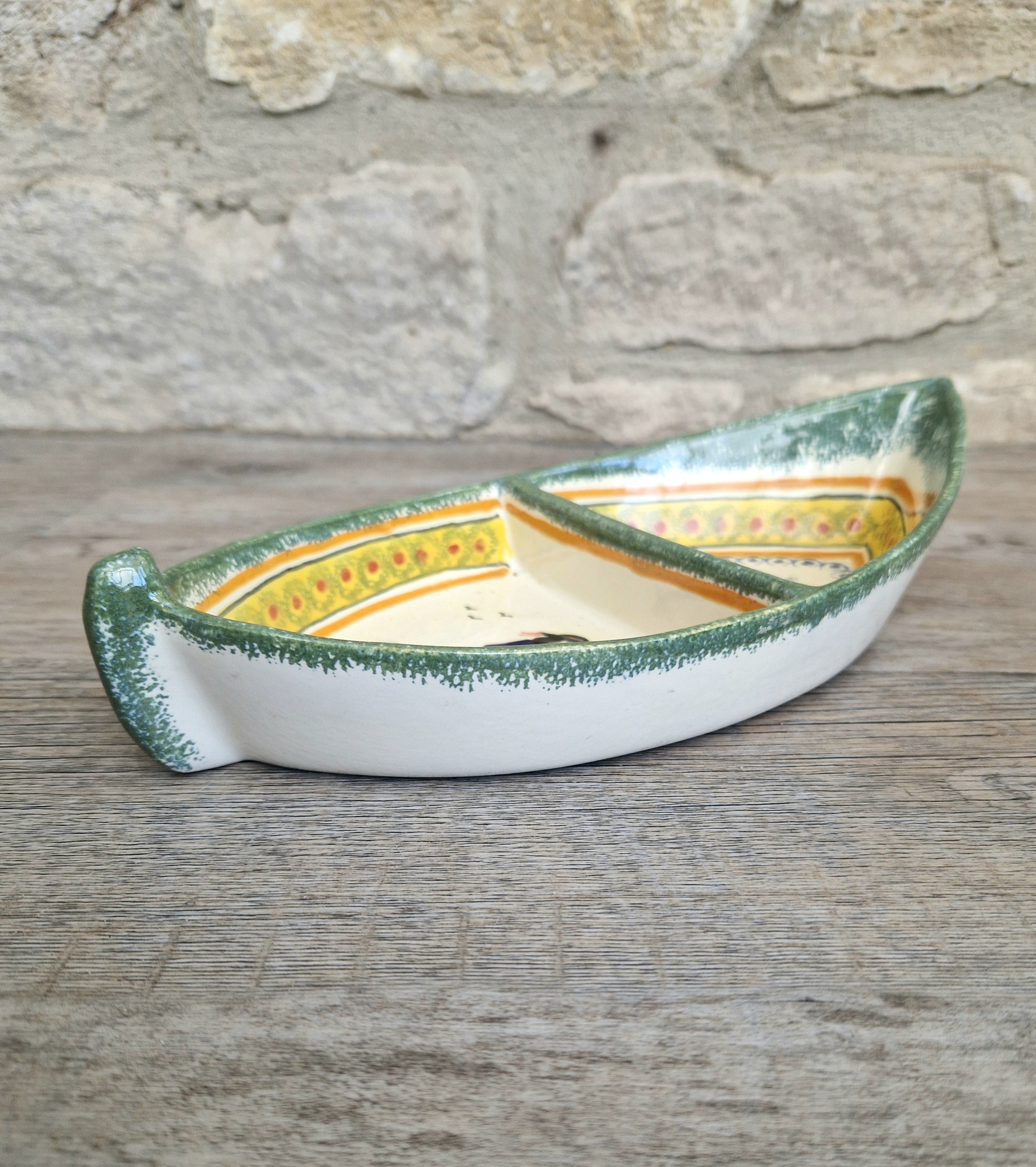 Vintage Henriot Quimper Faience Ceramic Boat Shape Divided Serving Dish