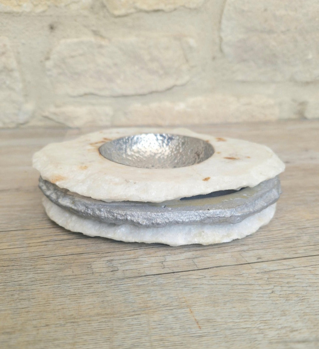 Alabaster & White Metal Vide Poche Catch-All Bowl Handmade Vintage