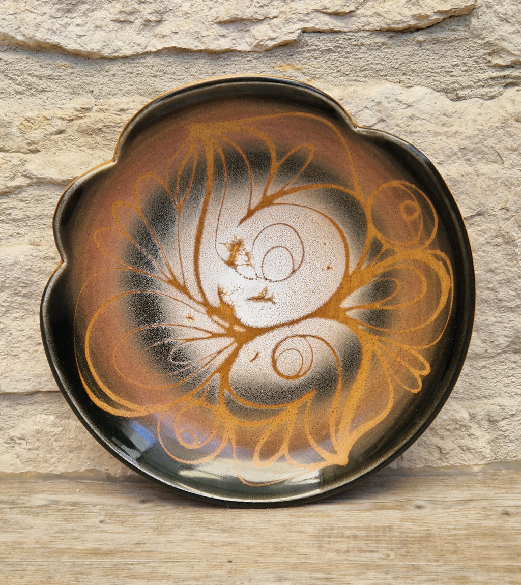 Poole Pottery Aegean "Sweetheart" Fluted Bowl Hand-Painted Stylized Butterfly Motif by Janet Brown Signed 1970s