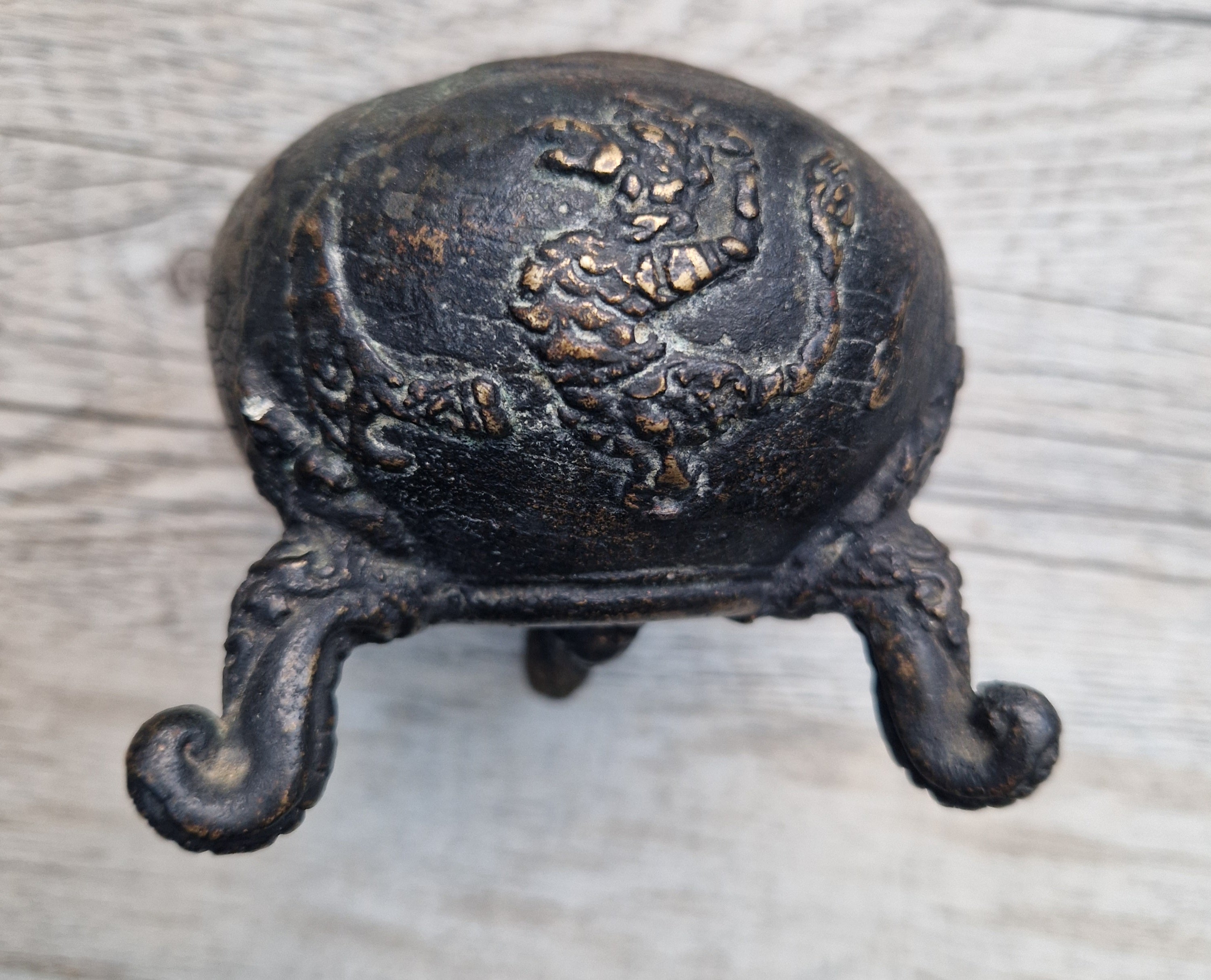 Ancient Chinese Bronze Tri-Foot Lidded Censer Mythic Creatures Reliefs