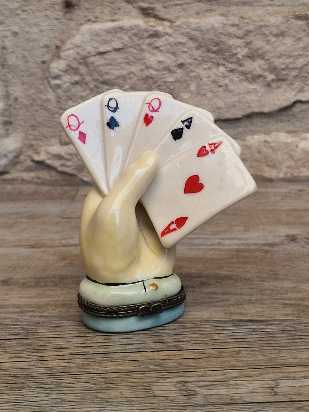 Vintage Rare Limoges Ceramic Poker Hand Full House Card Trinket Pill Box Casino