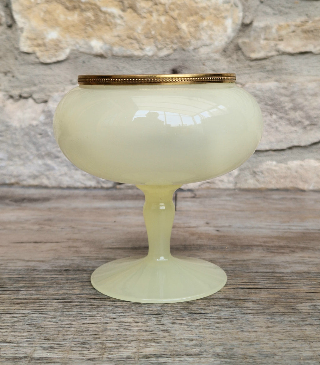 Vintage Italian Opaline Green Glass by Vincenzo Nason 1950s Hand Blown Gilt Rim Pedestal Candy Dish