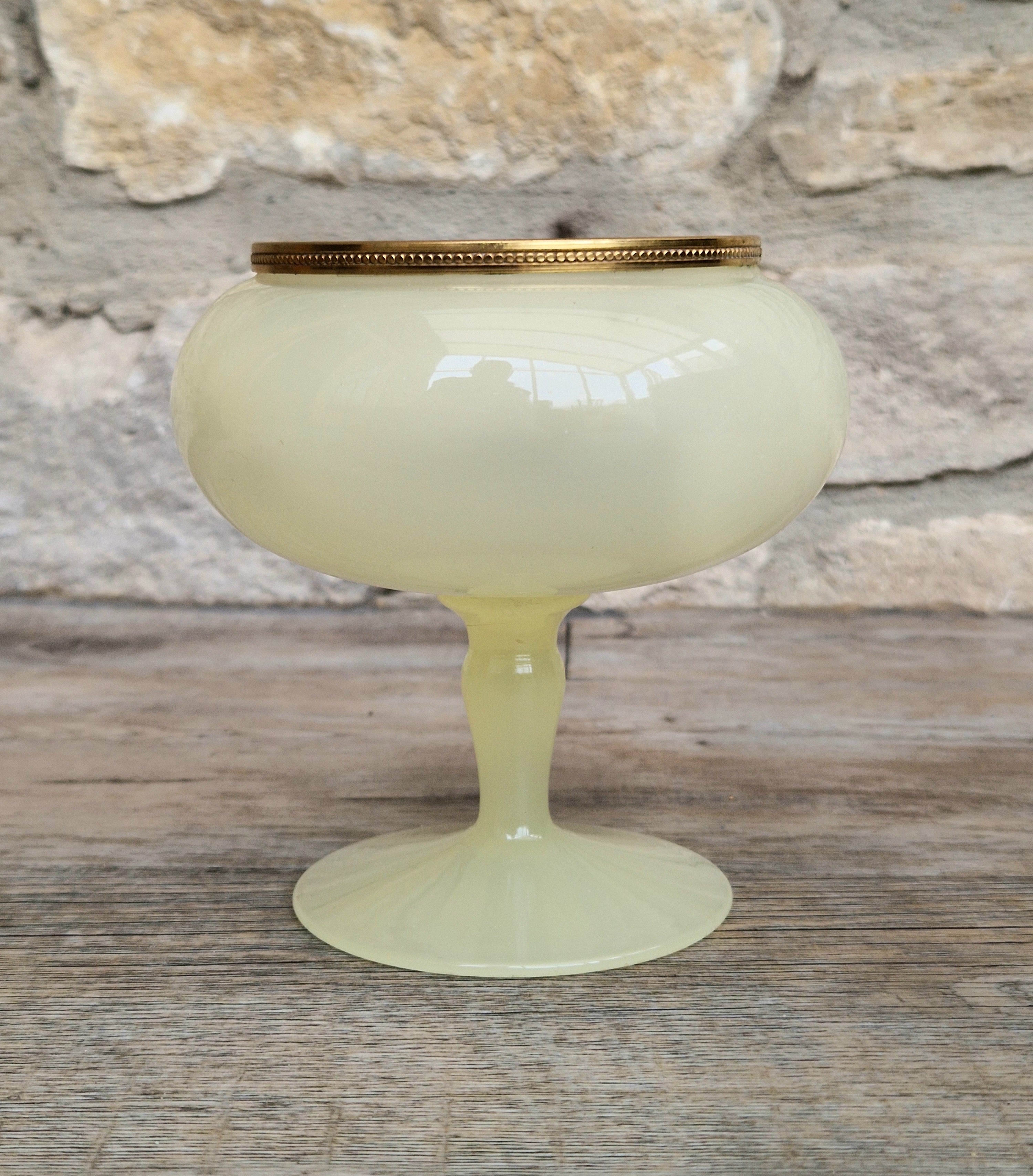 Vintage Italian Opaline Green Glass by Vincenzo Nason 1950s Hand Blown Gilt Rim Pedestal Candy Dish