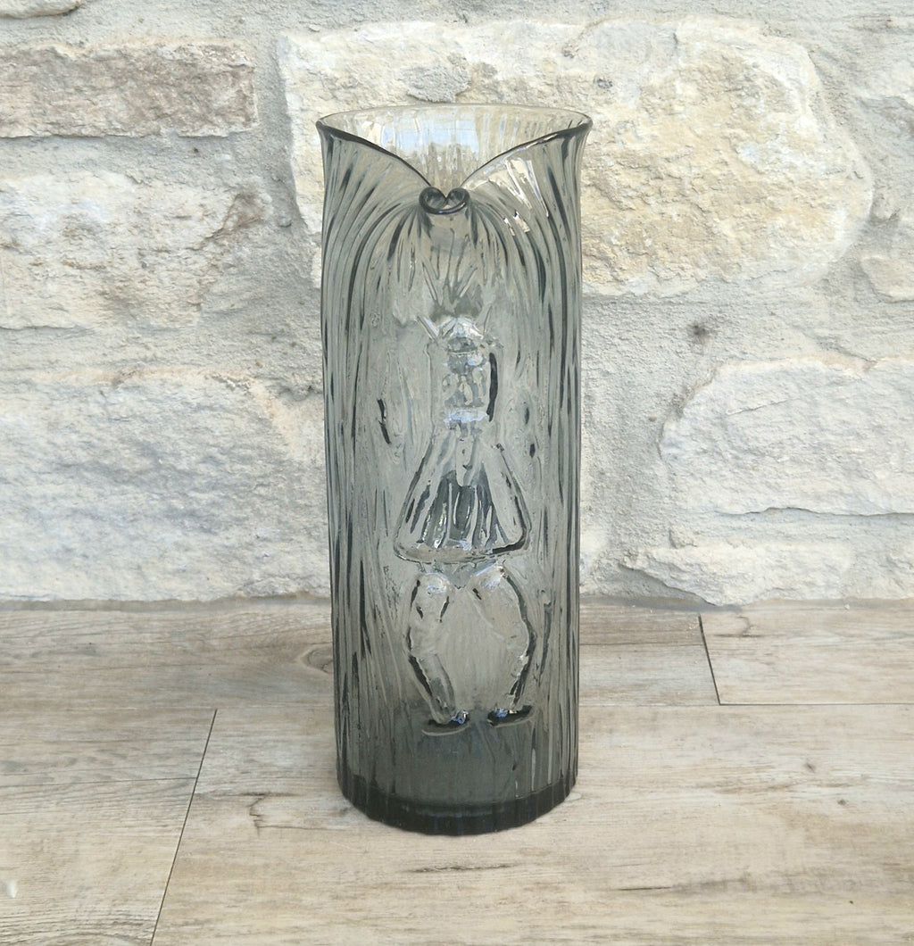 Björkshult Glassworks Sweden Hand Blown Mid Century Textured Smoke Glass 'Viking Pitcher Large