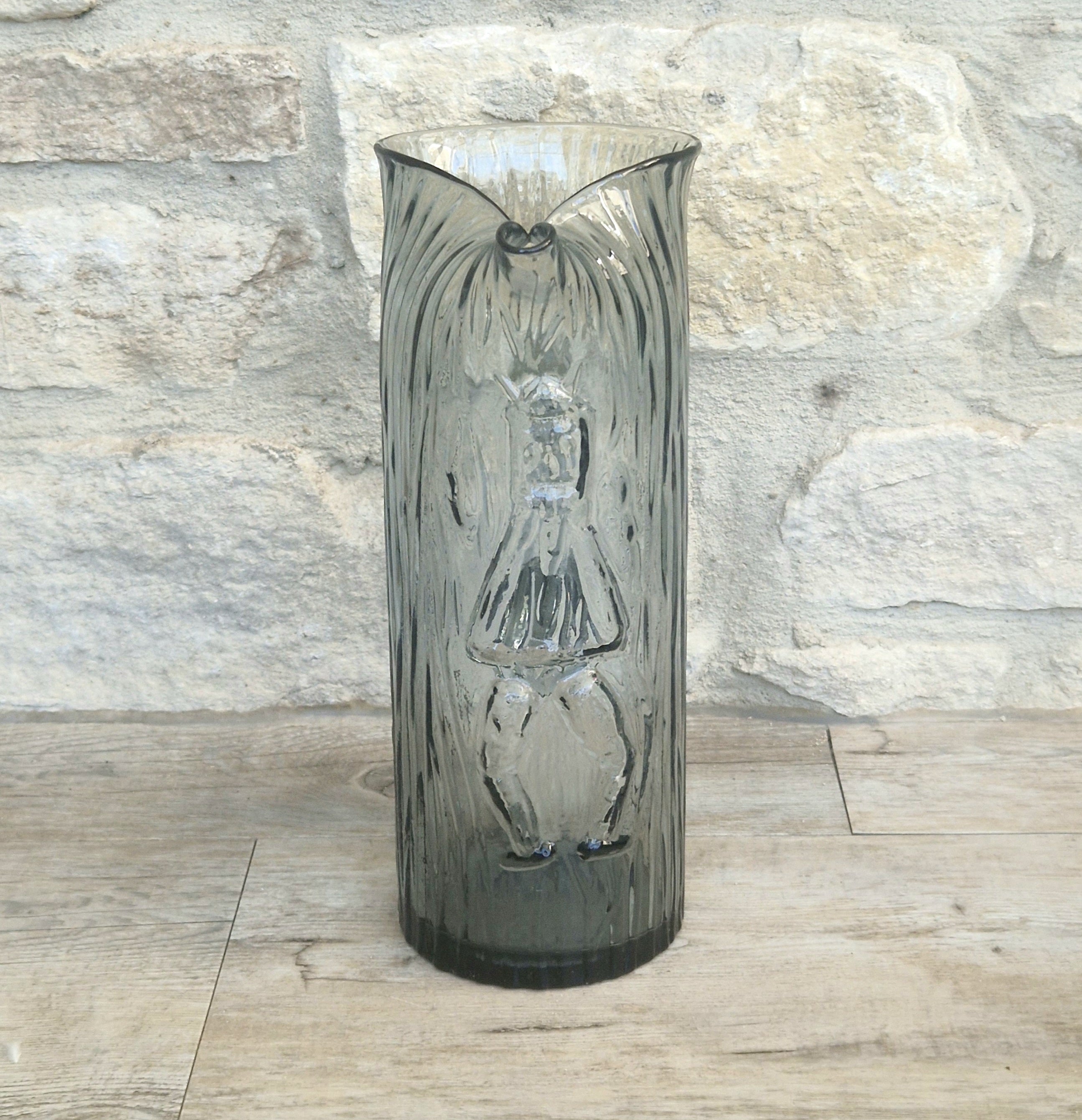 Björkshult Glassworks Sweden Hand Blown Mid Century Textured Smoke Glass 'Viking Pitcher Large