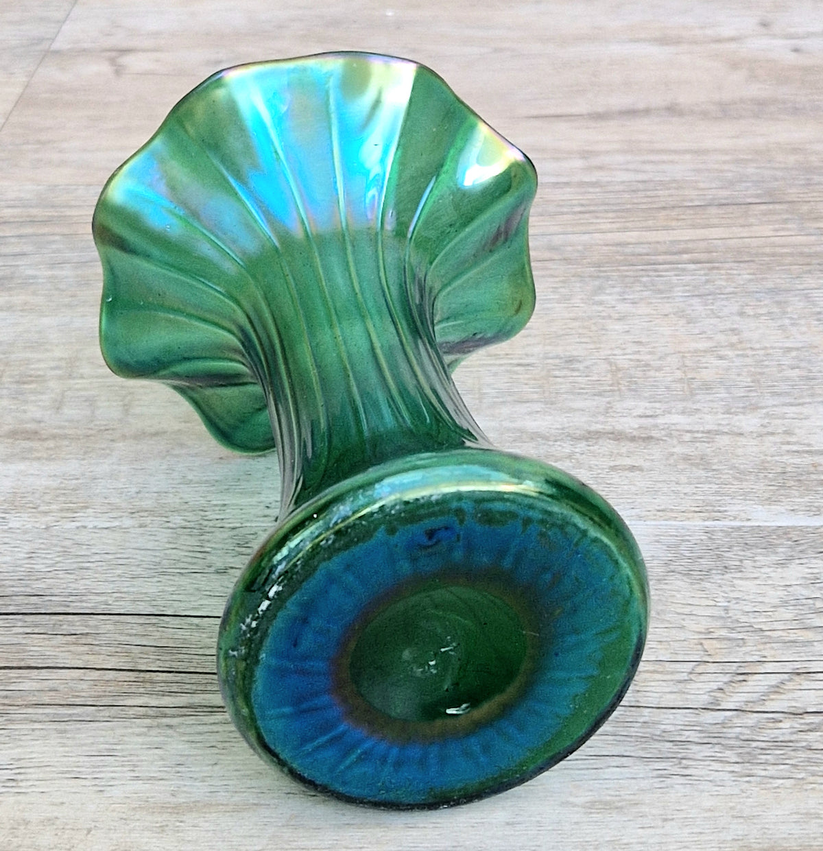 Antique Loetz Art Nouveau Creta Glatt Iridescent Green Glass Fluted Vase Polished Pontil c1900