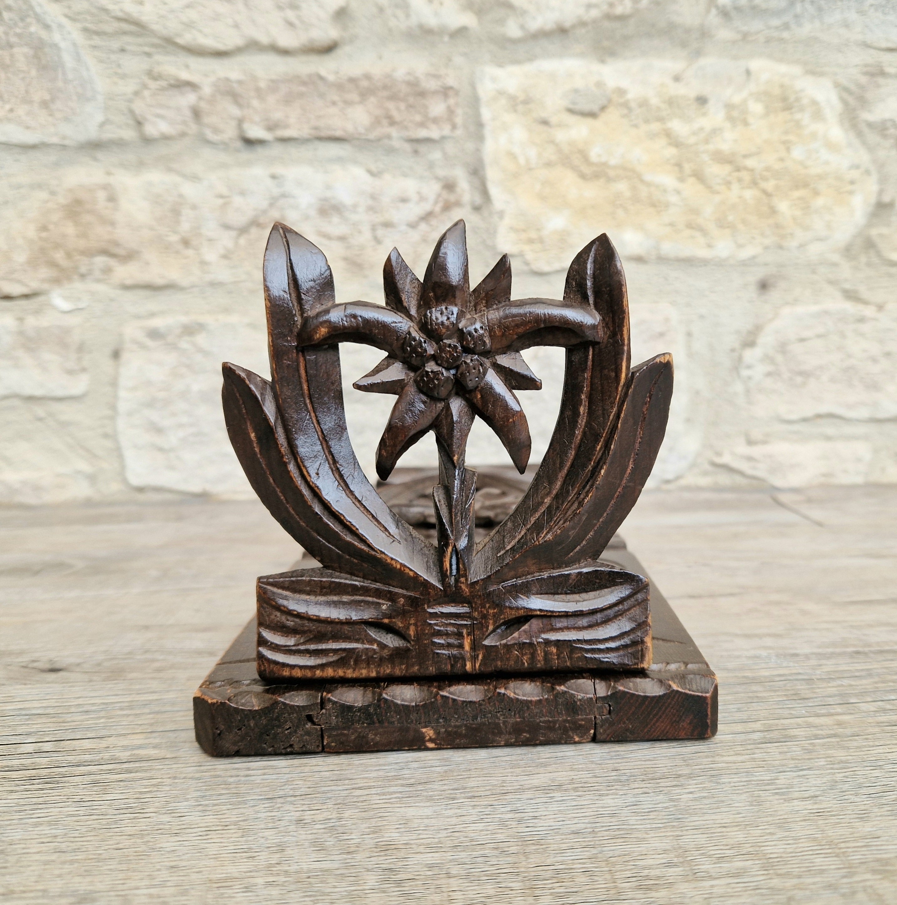 Antique Black Forest Carved Bookslide Continental Fruitwood Extending Book Shelf Rest c.1910