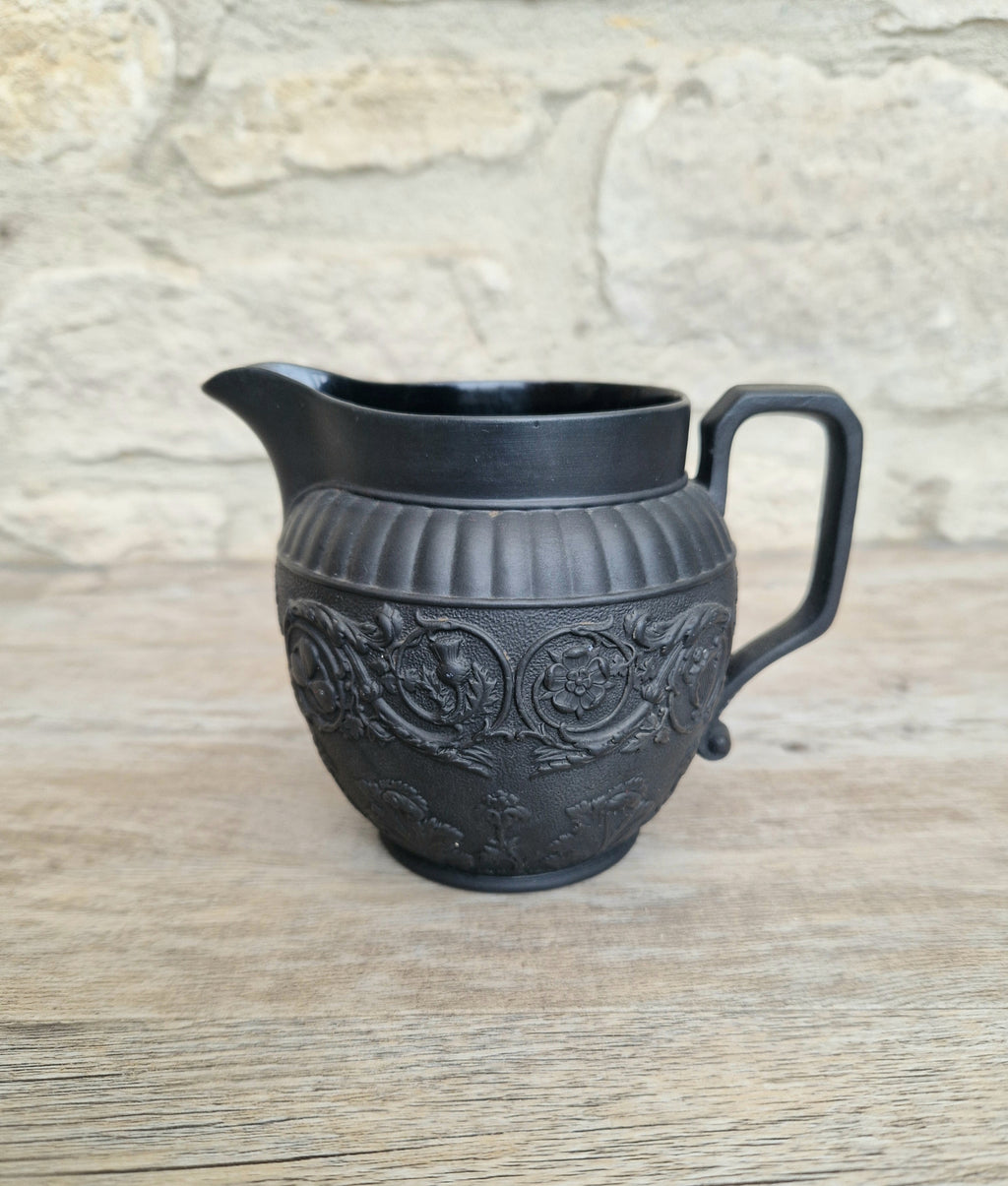 Antique Wedgwood Black Basalt Union Jug Creamer Pitcher Four Home Nations Relief Molded