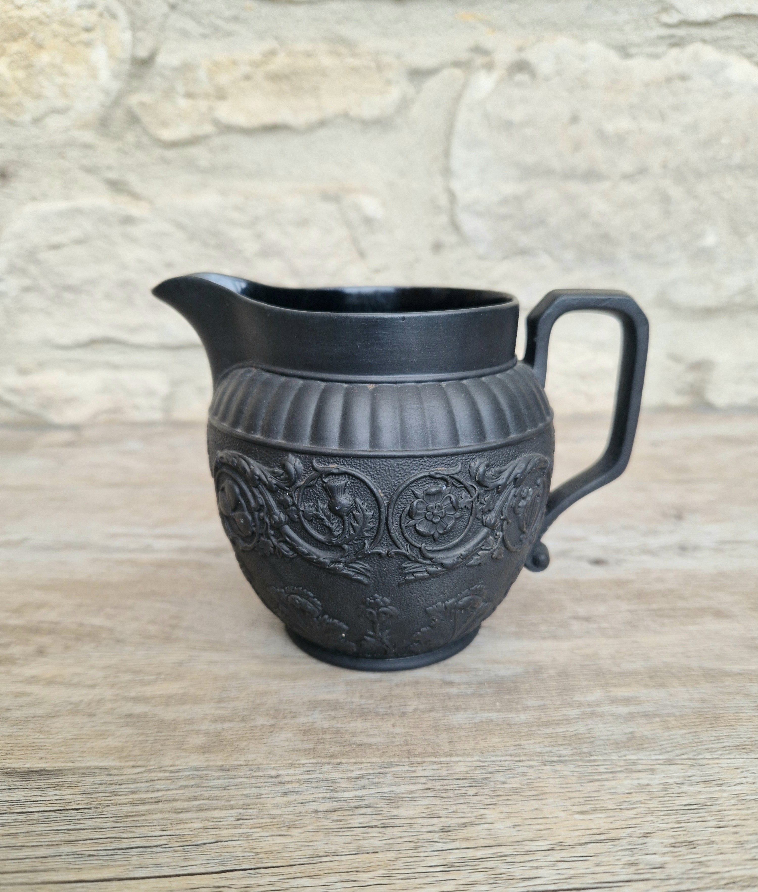 Antique Wedgwood Black Basalt Union Jug Creamer Pitcher Four Home Nations Relief Molded