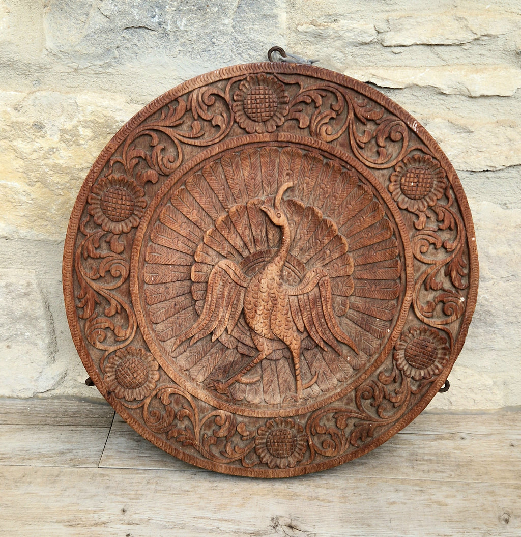19th c. Colonial Anglo-Indian Hand-Carved Teak Wood Dancing Peacock Disc Panel 30cm