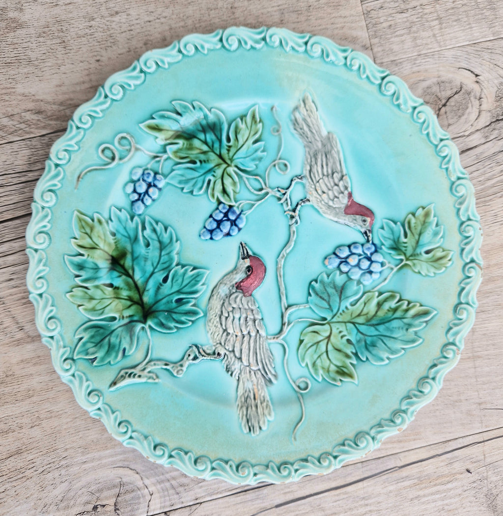 Antique Art Nouveau Continental Majolica Birds & Grapes Decorative Plate 19.3cm