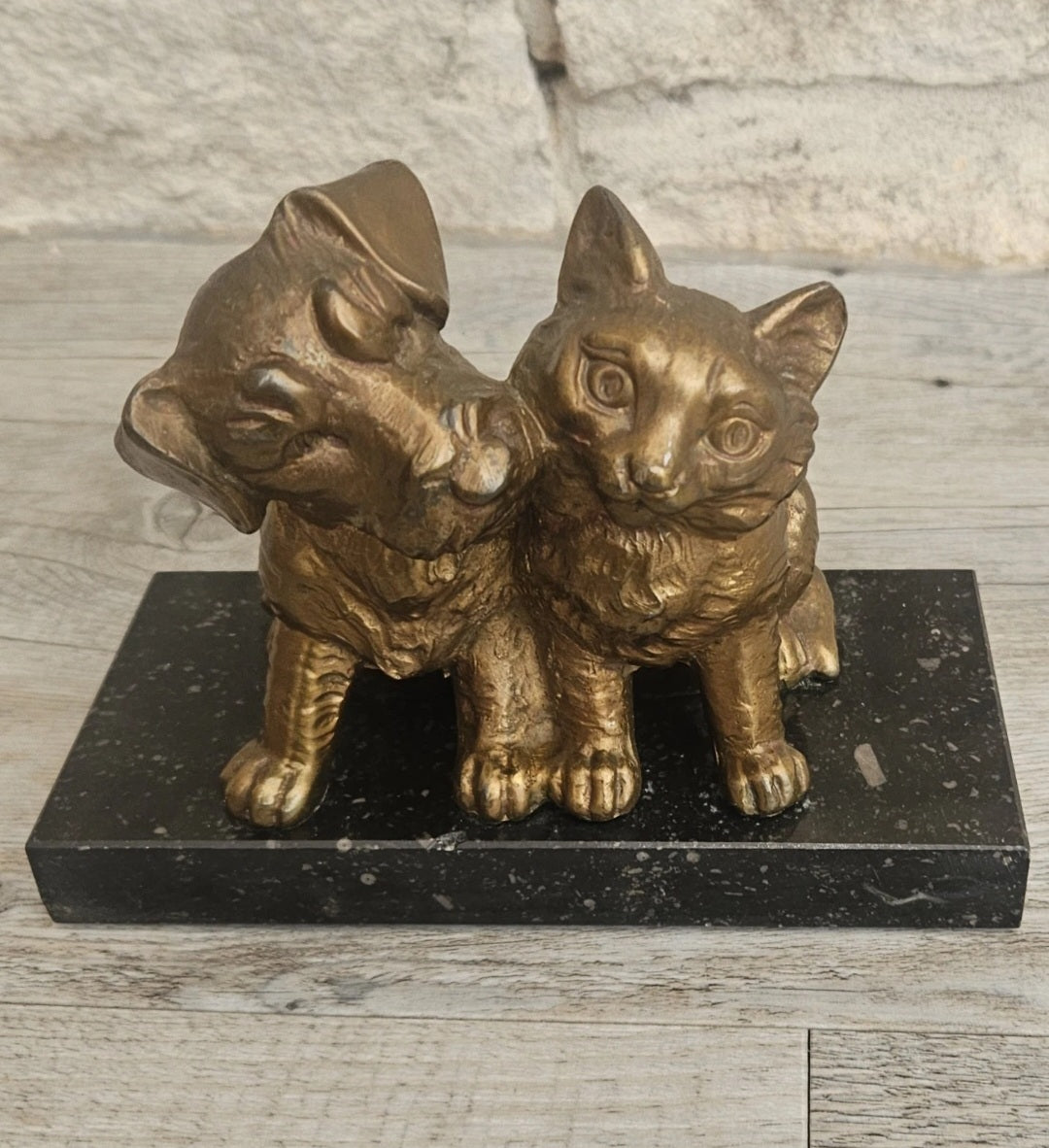 Antique Art Deco Spelter Cat and Dog Figurine on Black Marble Base 16cm X 8cm