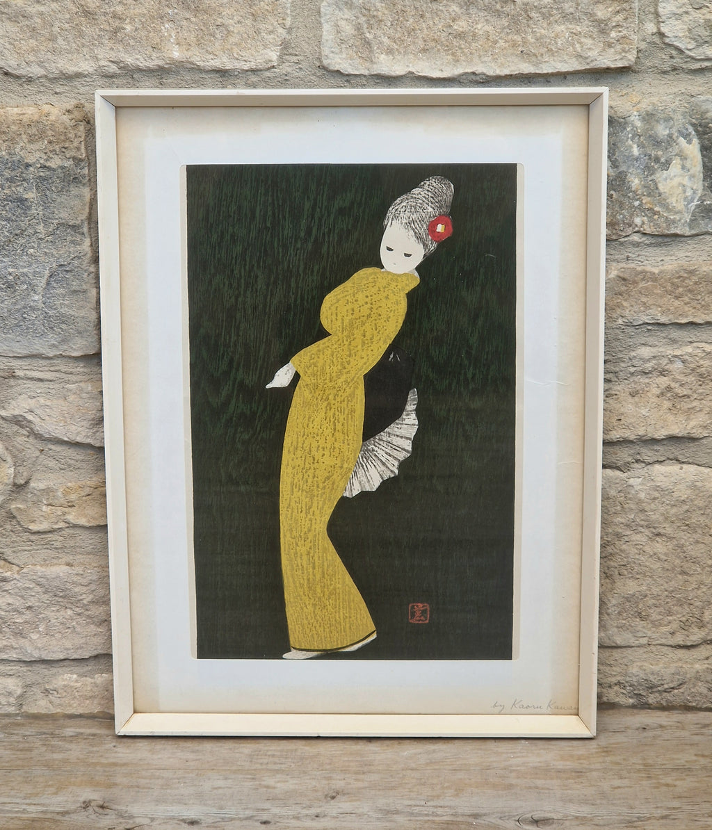 Vintage Kaoru Kawano Large Japanese Woodblock Print Camellia Yellow Kimono Mid-Century Framed
