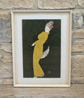 Vintage Kaoru Kawano Large Japanese Woodblock Print Camellia Yellow Kimono Mid-Century Framed
