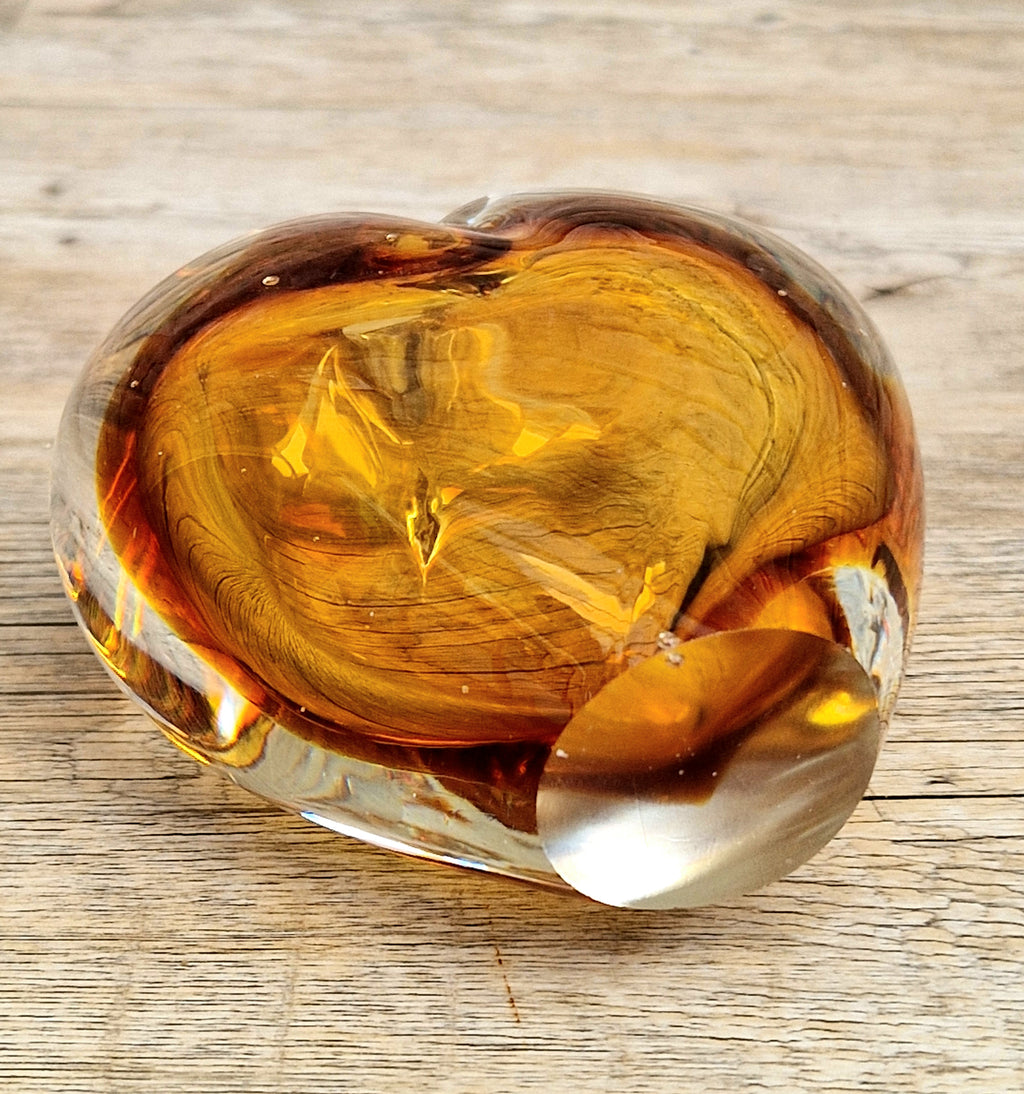 Vintage Mid Century Murano Sommerso Amber Art Glass Heart Vase Paperweight Seguso Sculptural Decor
