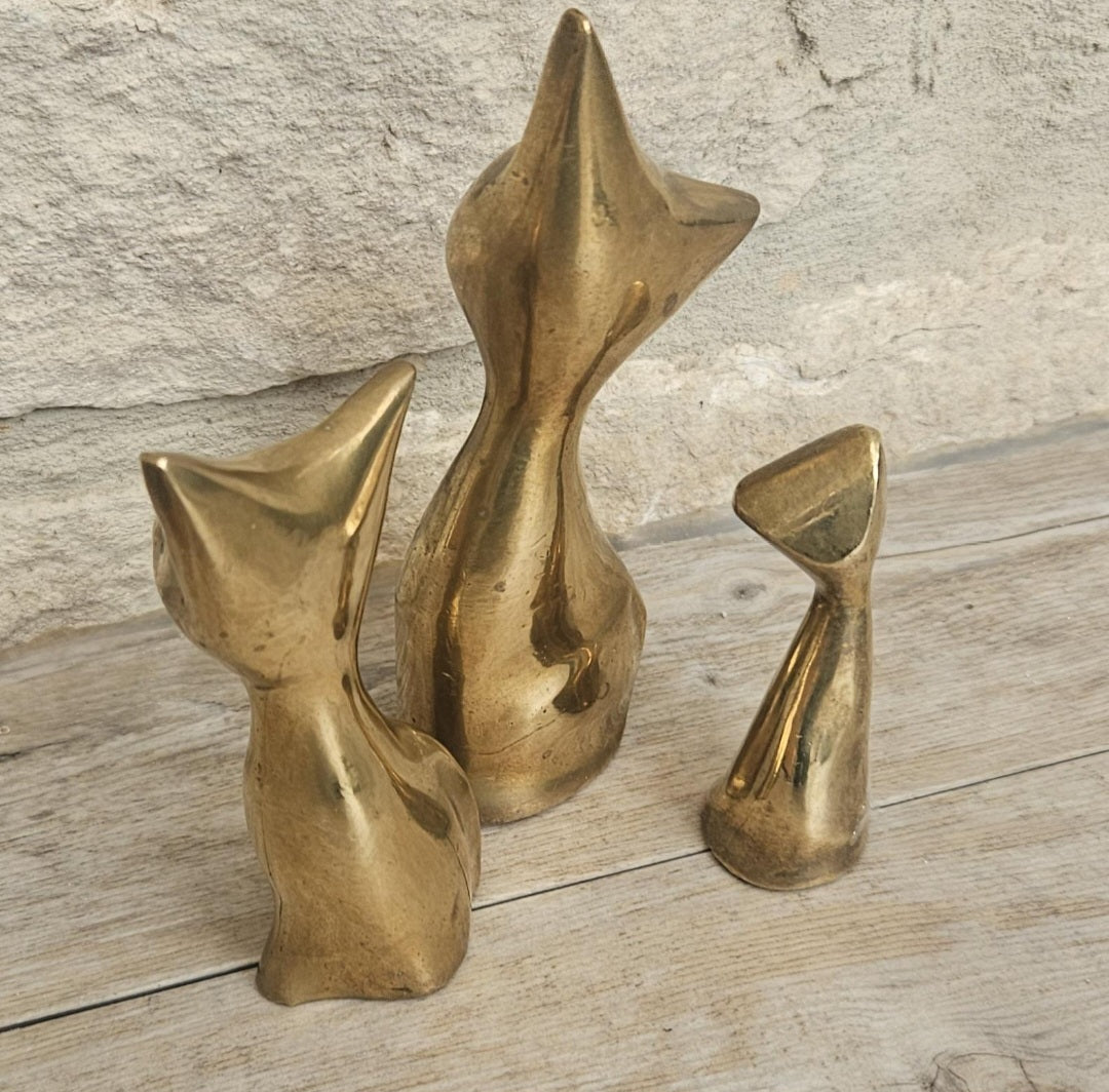 Mcm Solid Brass Cats Figures Ornaments  X3 Brass Cat Family Heavy with Patina