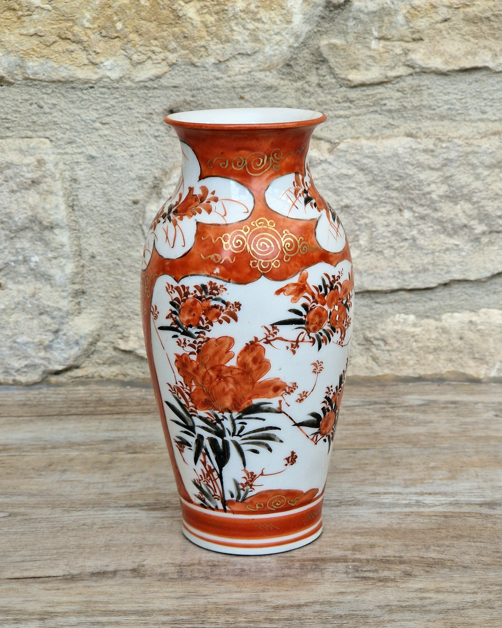 Small Antique Meiji Red Ground Gold Floral Hand-Painted Kutani Vase