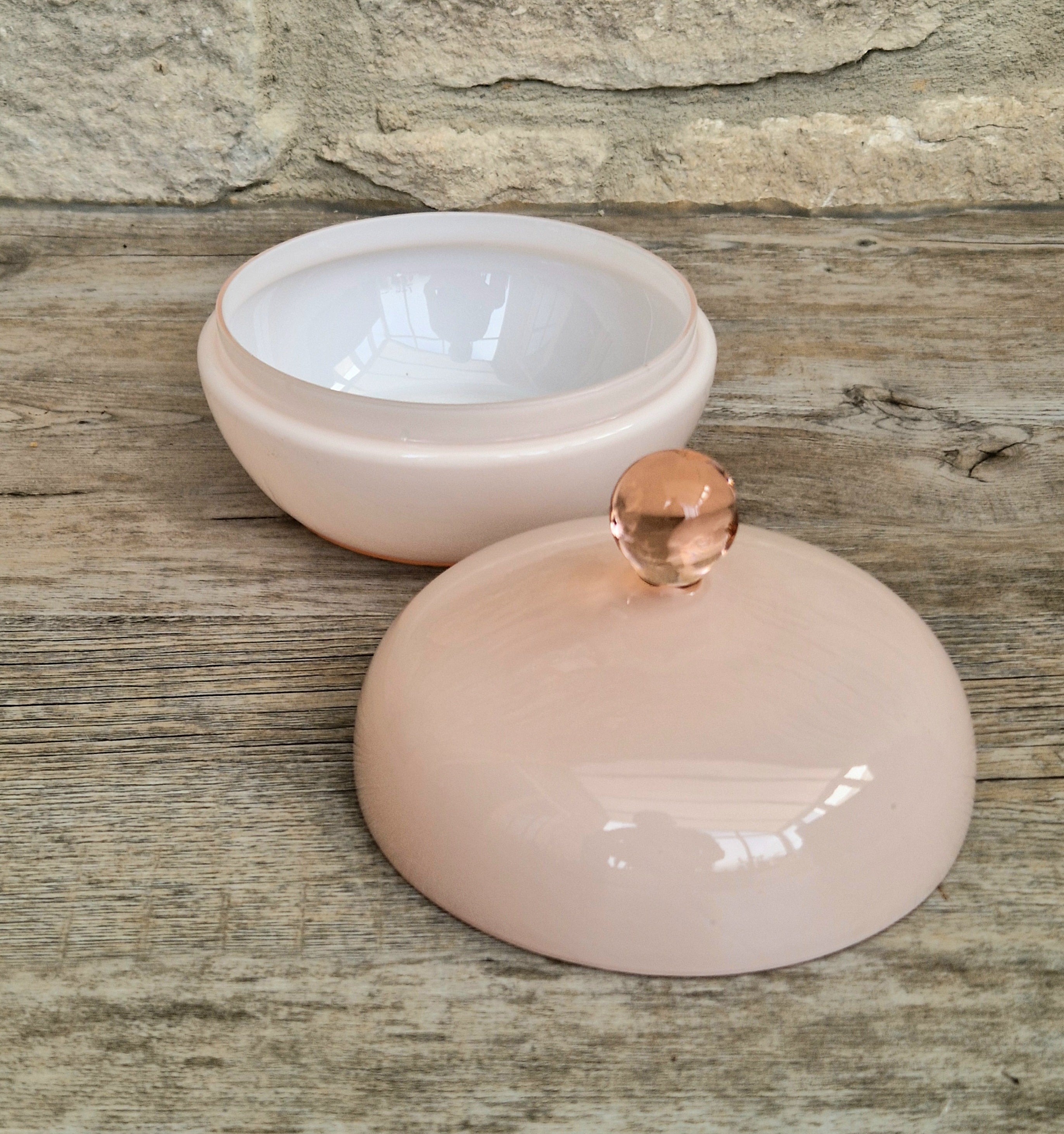 Vintage Large Opaline Pink Glass Lidded Powder Box Trinket Dish Art Deco Decor