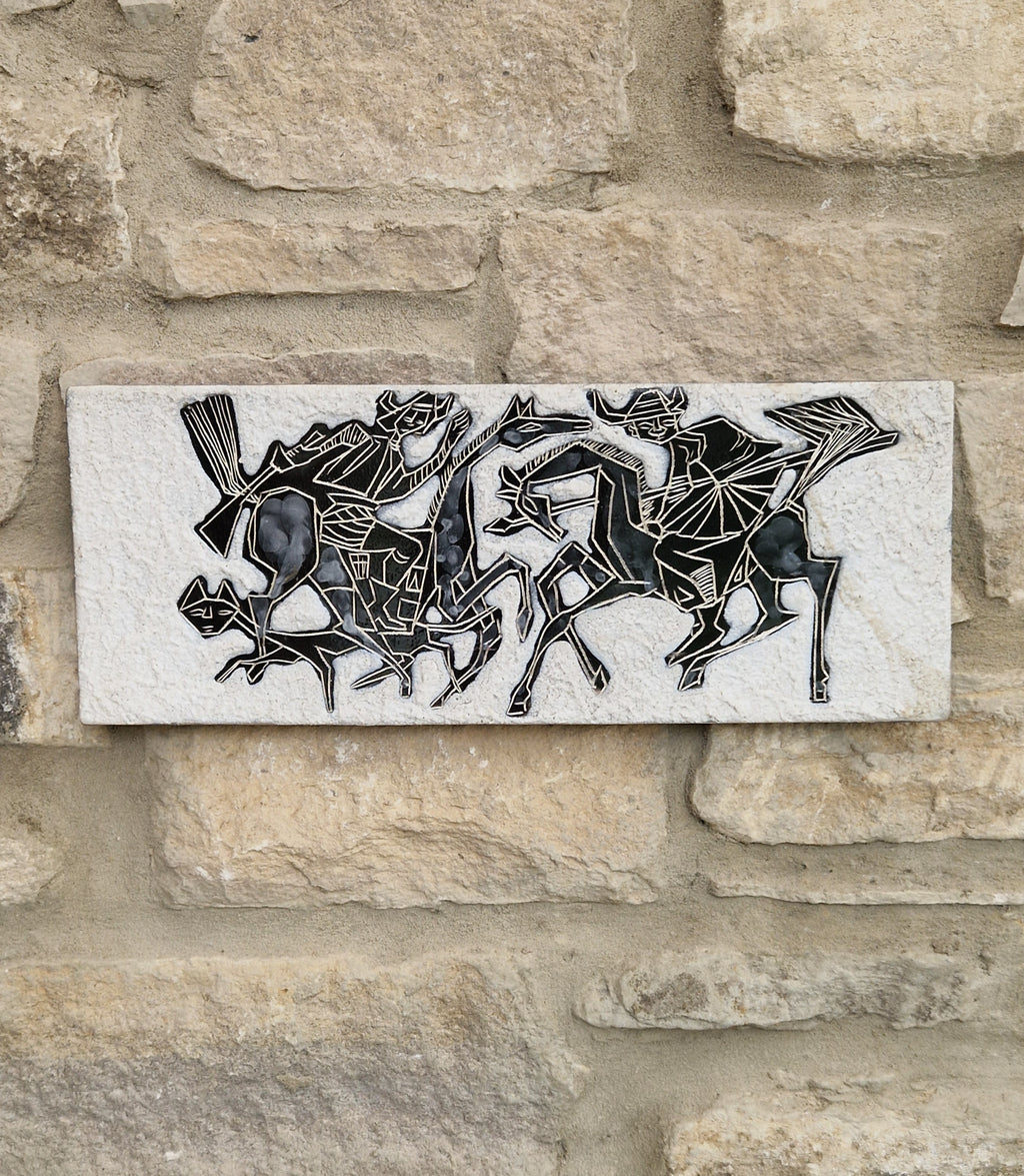 Mid-Century Italian Ceramic Art Plaque Warriors On Horseback Glazed Textured Art