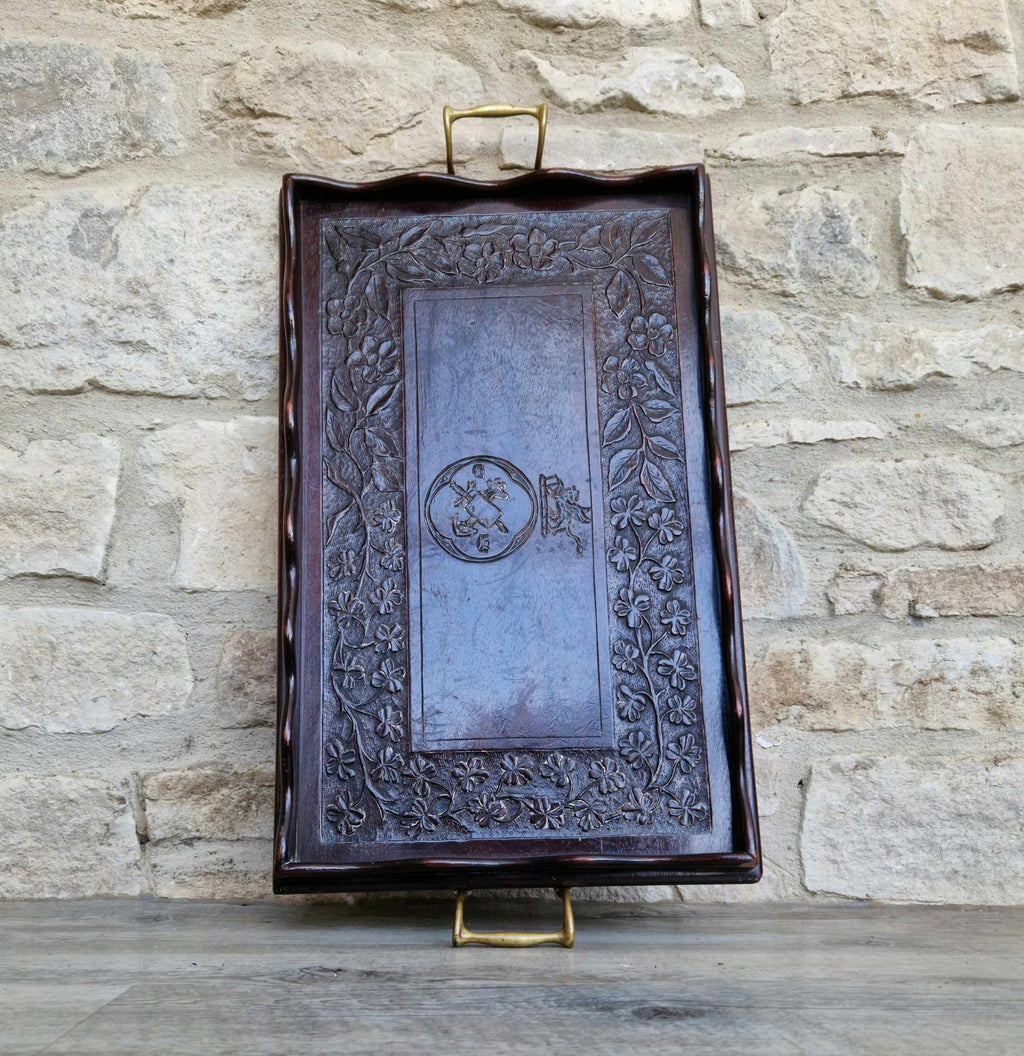 Antique 19th C. Carved Corps Of Commissionaires Presentation Brass Handled Serving Tray
