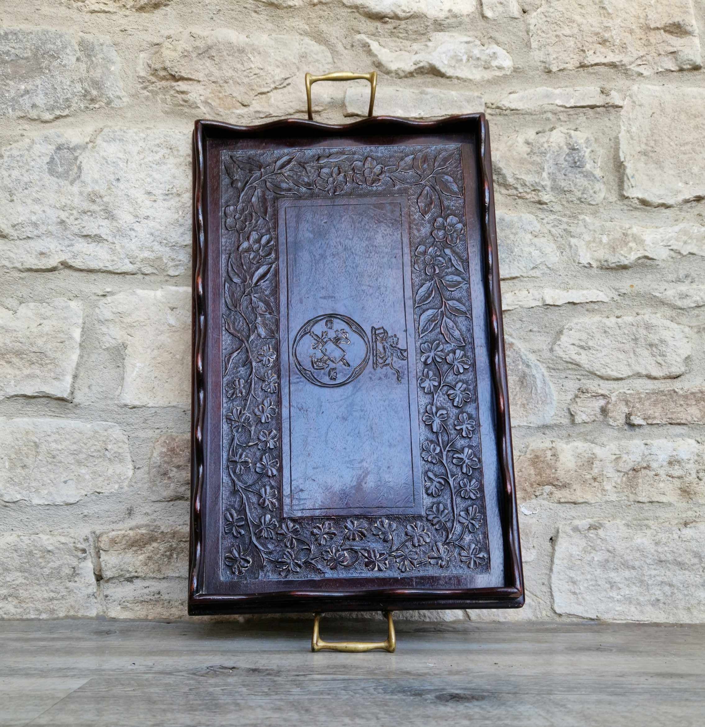 Antique 19th C. Carved Corps Of Commissionaires Presentation Brass Handled Serving Tray