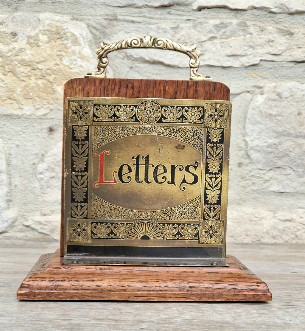 Antique Arts & Crafts Brass And Quarter Sawn Oak Gentleman's Handled Double Letter Rack Stand