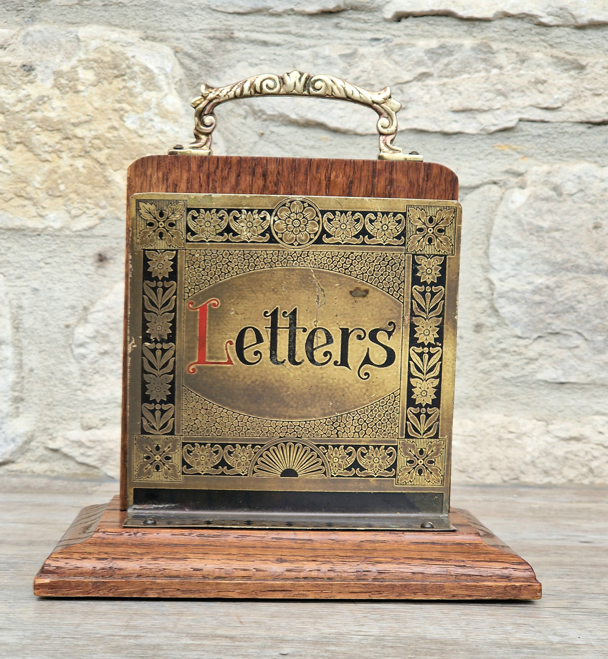 Antique Arts & Crafts Brass And Quarter Sawn Oak Gentleman's Handled Double Letter Rack Stand