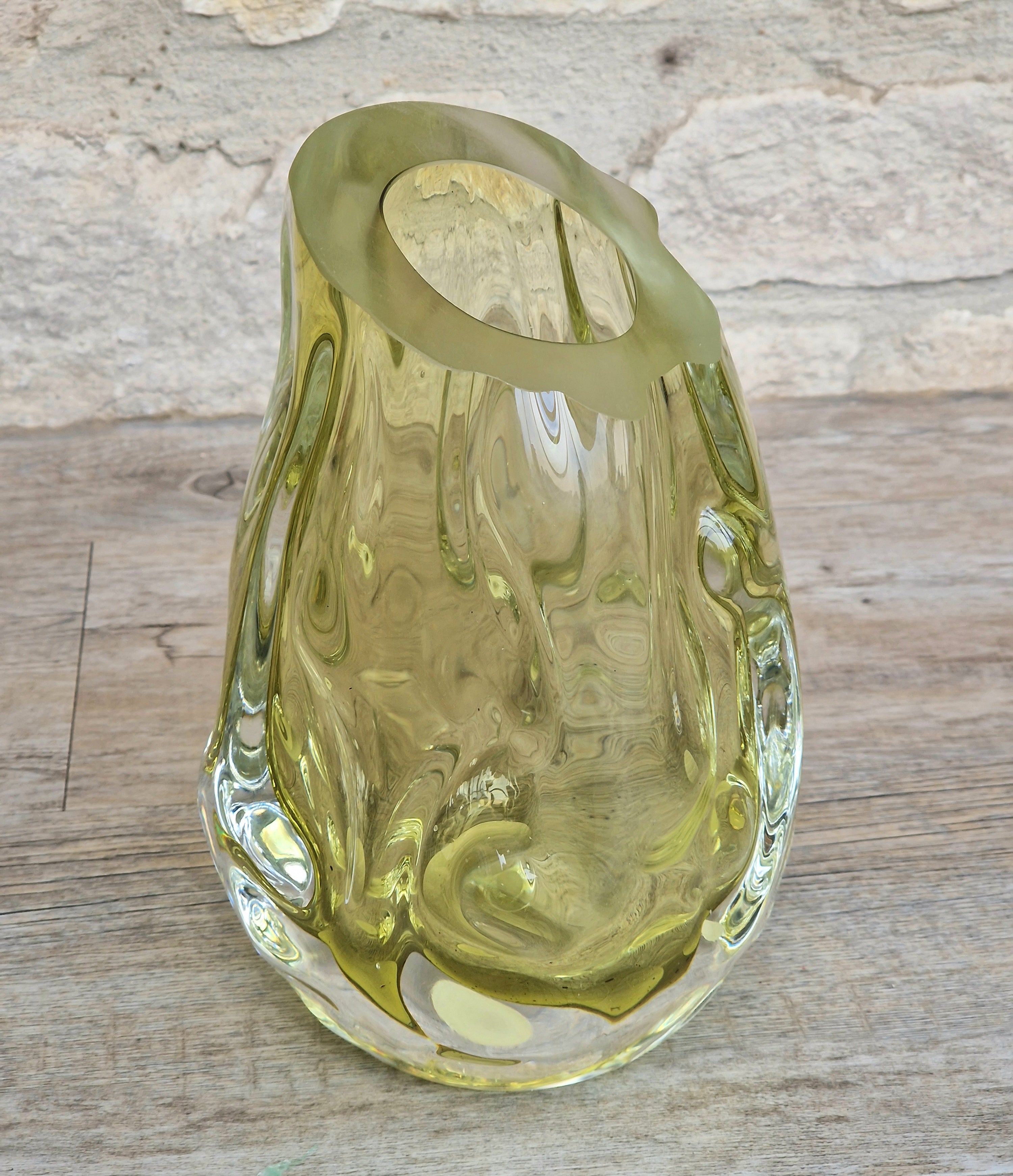 Murano Burri Glass Asymetrical Vase Light Olive Green Heavy Textured Vintage