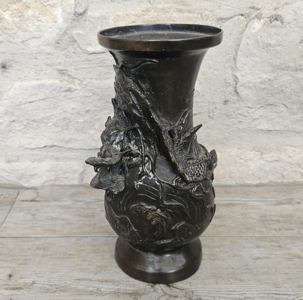 Antique Japanese Bronze Dragon Vase, Meiji Period 19th Century Asian Art Decor 18cm