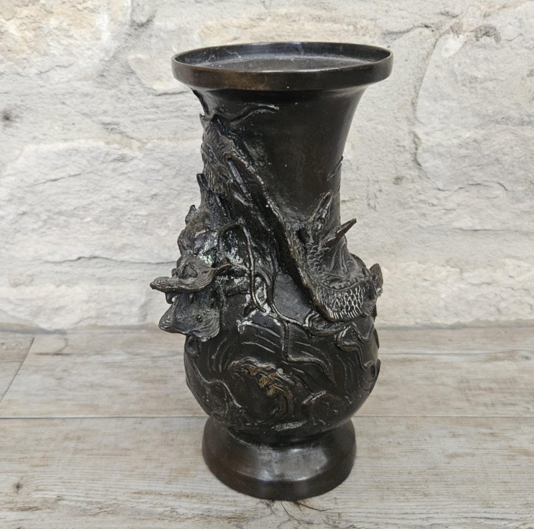 Antique Japanese Bronze Dragon Vase, Meiji Period 19th Century Asian Art Decor 18cm