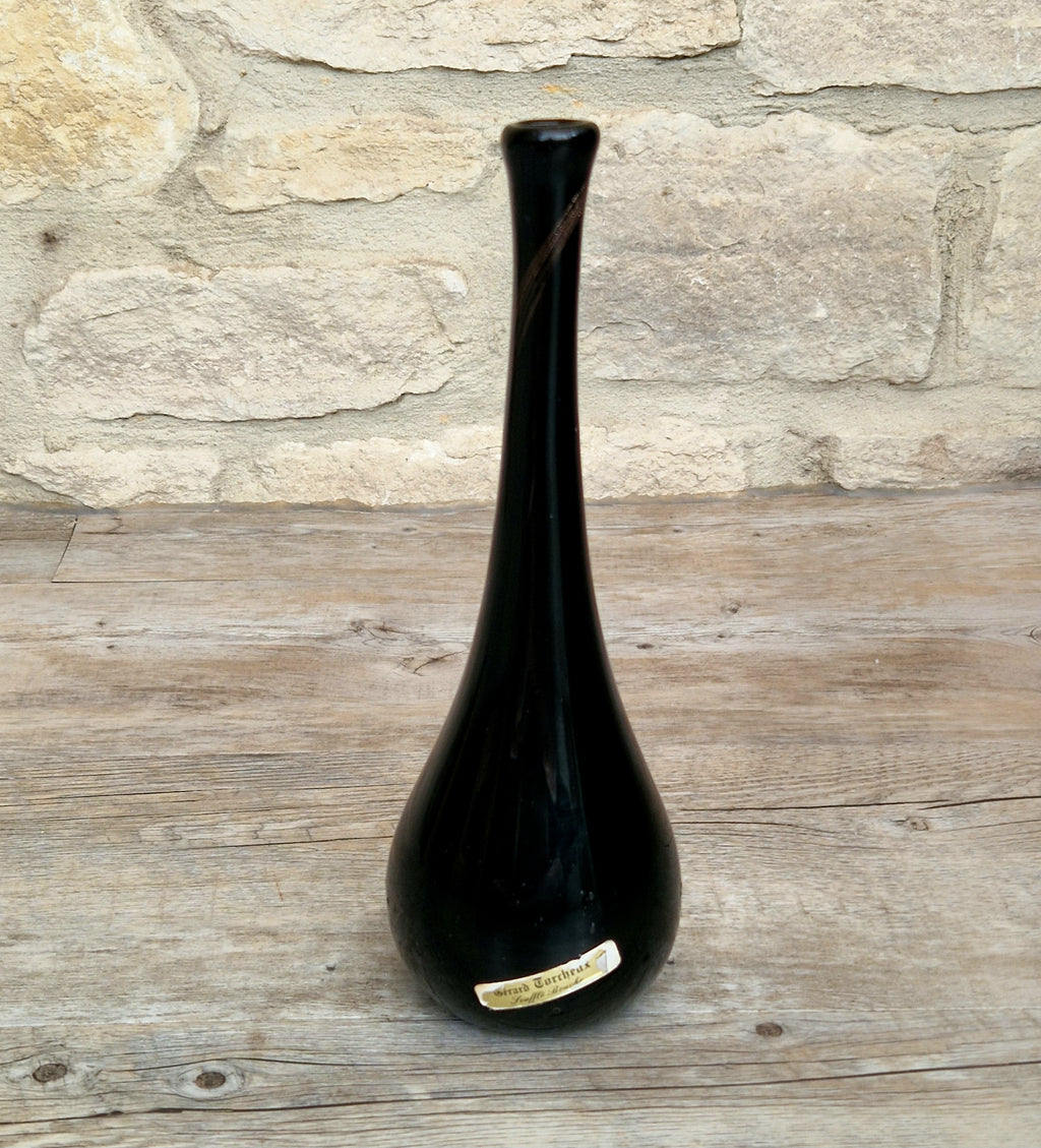 Gérard Torcheux Midcentury Amethyst Black Glass Teardrop Vase French Studio Glass Original Label. 1970s