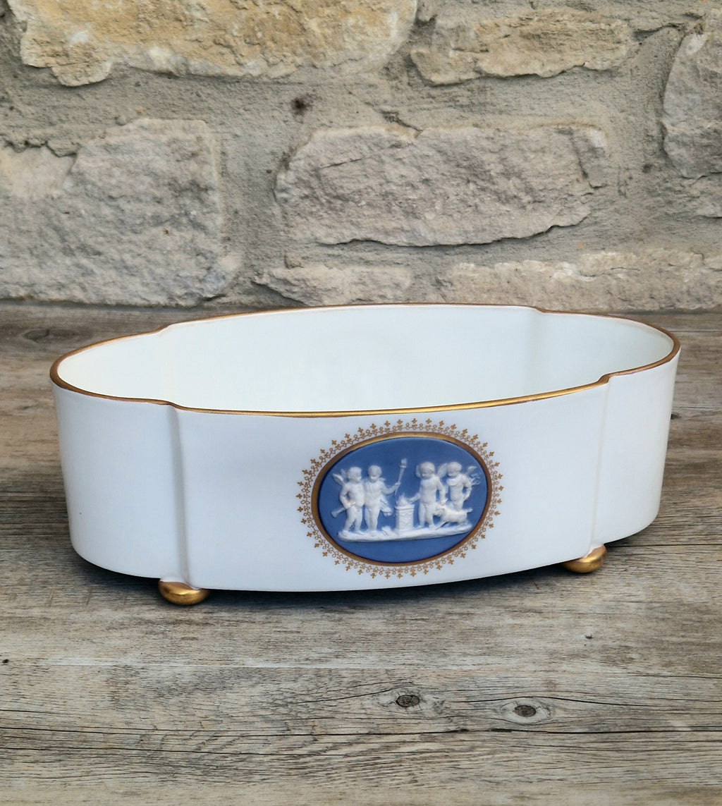 Vintage Vista Alegre Footed Centerpiece, White and Gold Porcelain Scalloped Planter Bowl Blue Jasperware Cherub Cameo