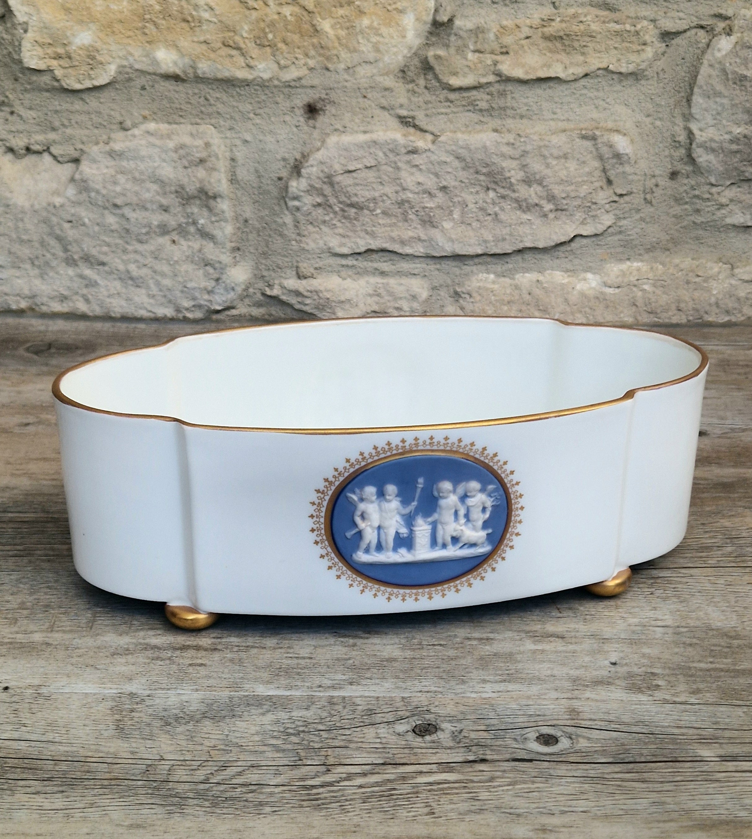 Vintage Vista Alegre Footed Centerpiece, White and Gold Porcelain Scalloped Planter Bowl Blue Jasperware Cherub Cameo