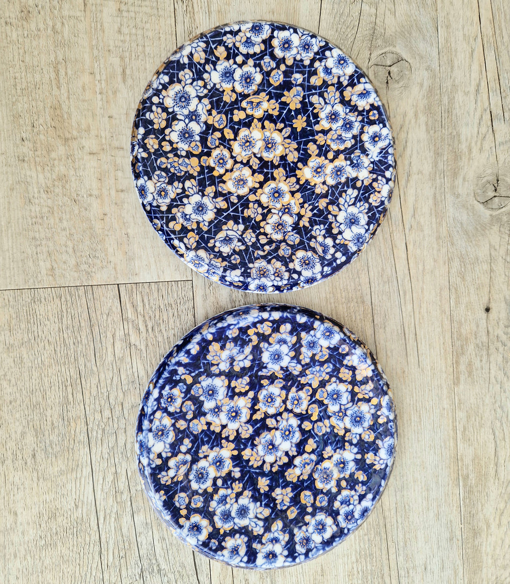 Pair of Rare Antique Trivets Gilt Blue & White Hawthorn Pattern Round Stoneware Trivets 17cm