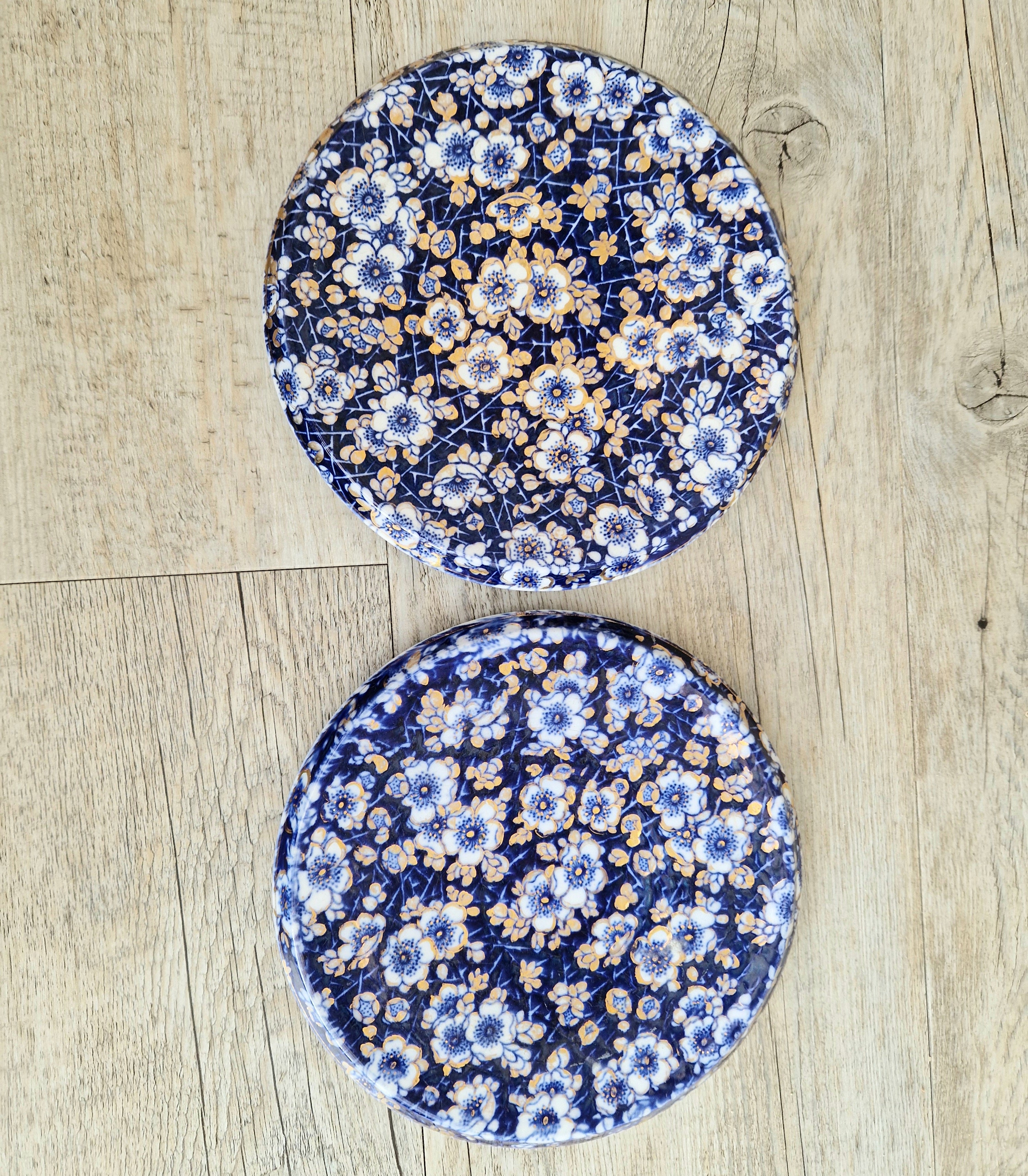 Pair of Rare Antique Trivets Gilt Blue & White Hawthorn Pattern Round Stoneware Trivets 17cm