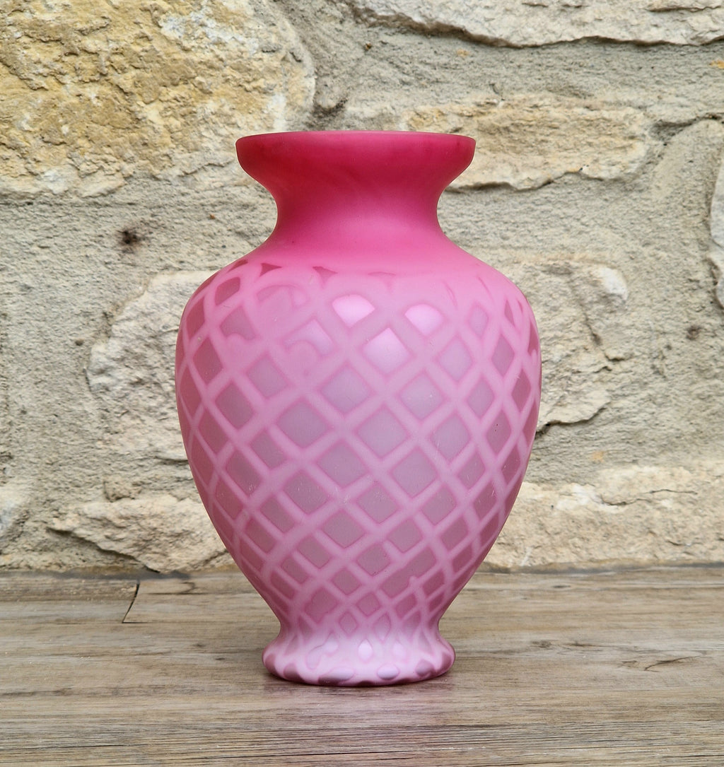 Antique Pink Satin Glass Vase - Victorian Diamond Quilted Mother of Pearl Art Glass - 19th Century Shaded Cranberry Cabinet Vase, Webb Style