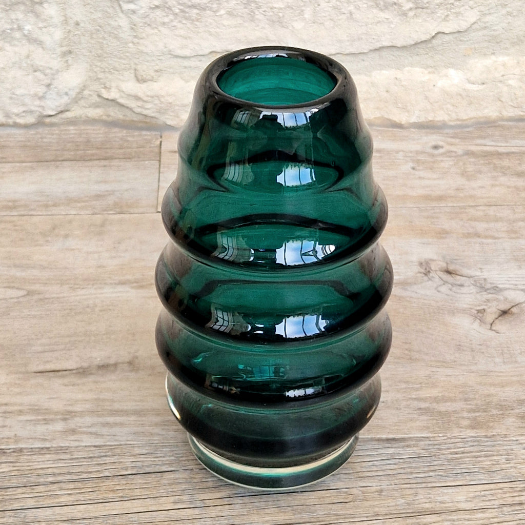 Midcentury Scandinavian Modern Hooped Vase Green Glass Magnor Norway, 1960