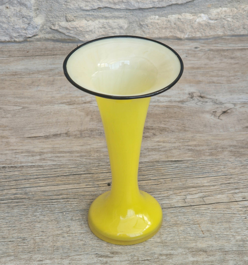 Vintage Bright Yellow Tango Glass Trumpet Vase with Black Rim 16cm