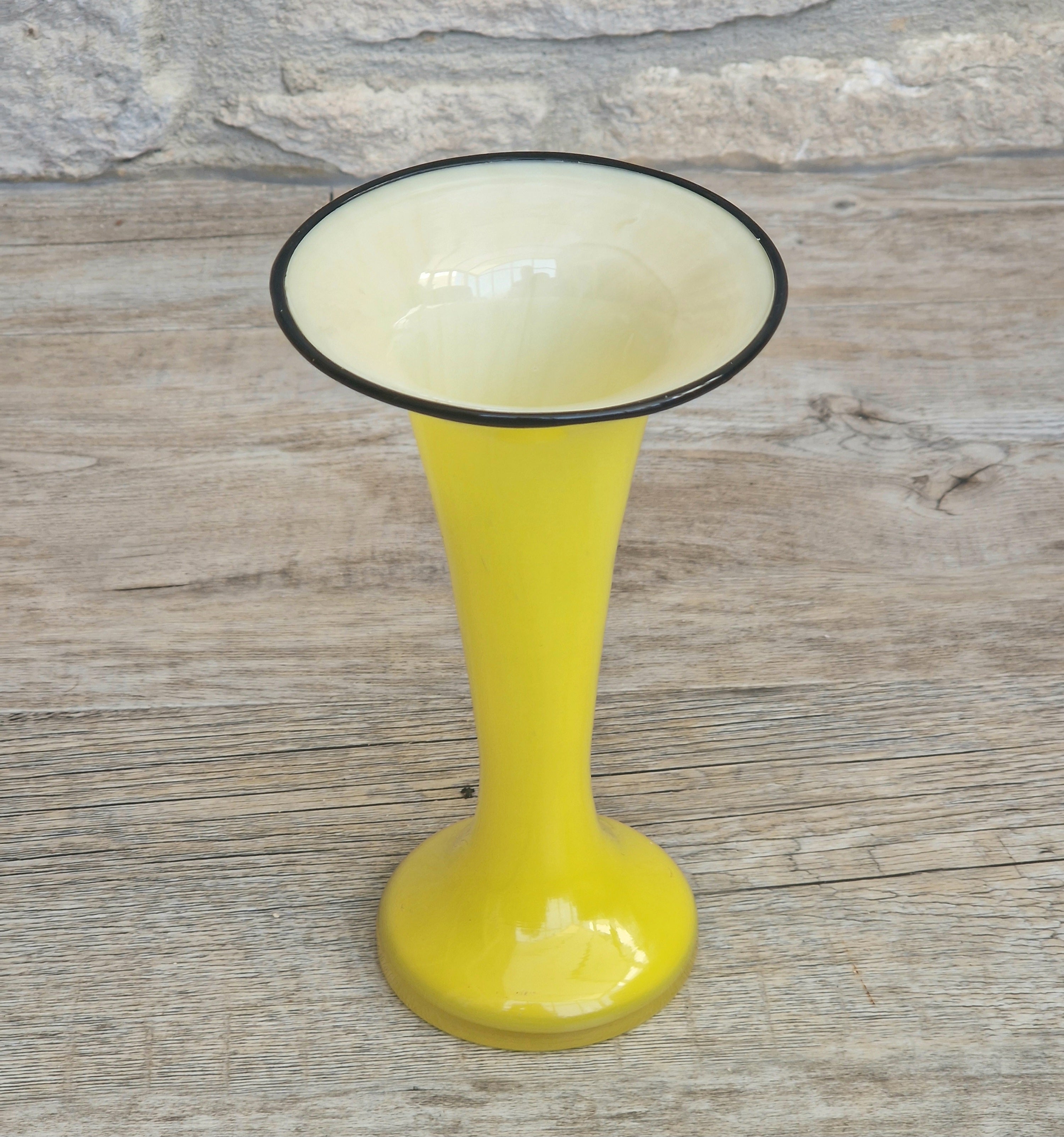 Vintage Bright Yellow Tango Glass Trumpet Vase with Black Rim 16cm