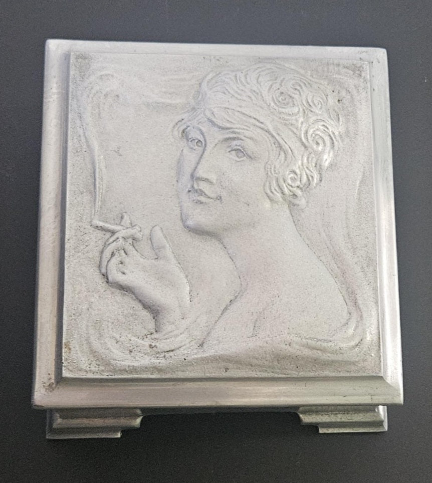 Art Nouveau Lady Aluminium Lidded Box Made in London England Stamped (1905-1924) 13.5cm Square X 6.5cm Tall Arts and Crafts Box
